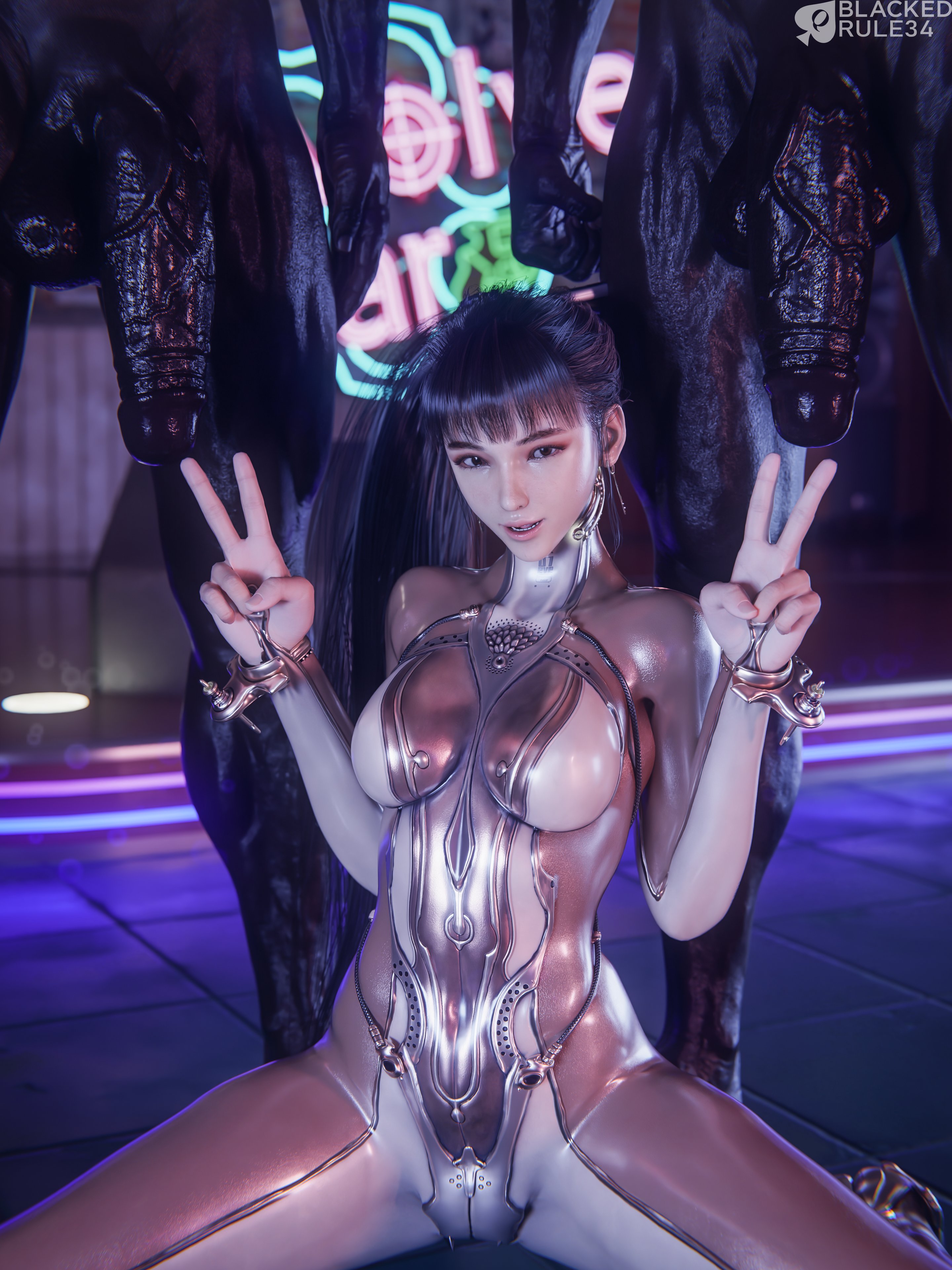 3d, ass, big ass, big breasts, big penis, big penis adoration, blackedr34, bodysuit, breasts, dark skin, dark-skinned male, double v, eve (stellar blade), female, imminent sex, interracial, kneeling, large breasts, large penis, legs apart, light-skinned female, long hair, male, multiple boys, multiple males, penis, ponytail, size queen, stellar blade, thighs, v