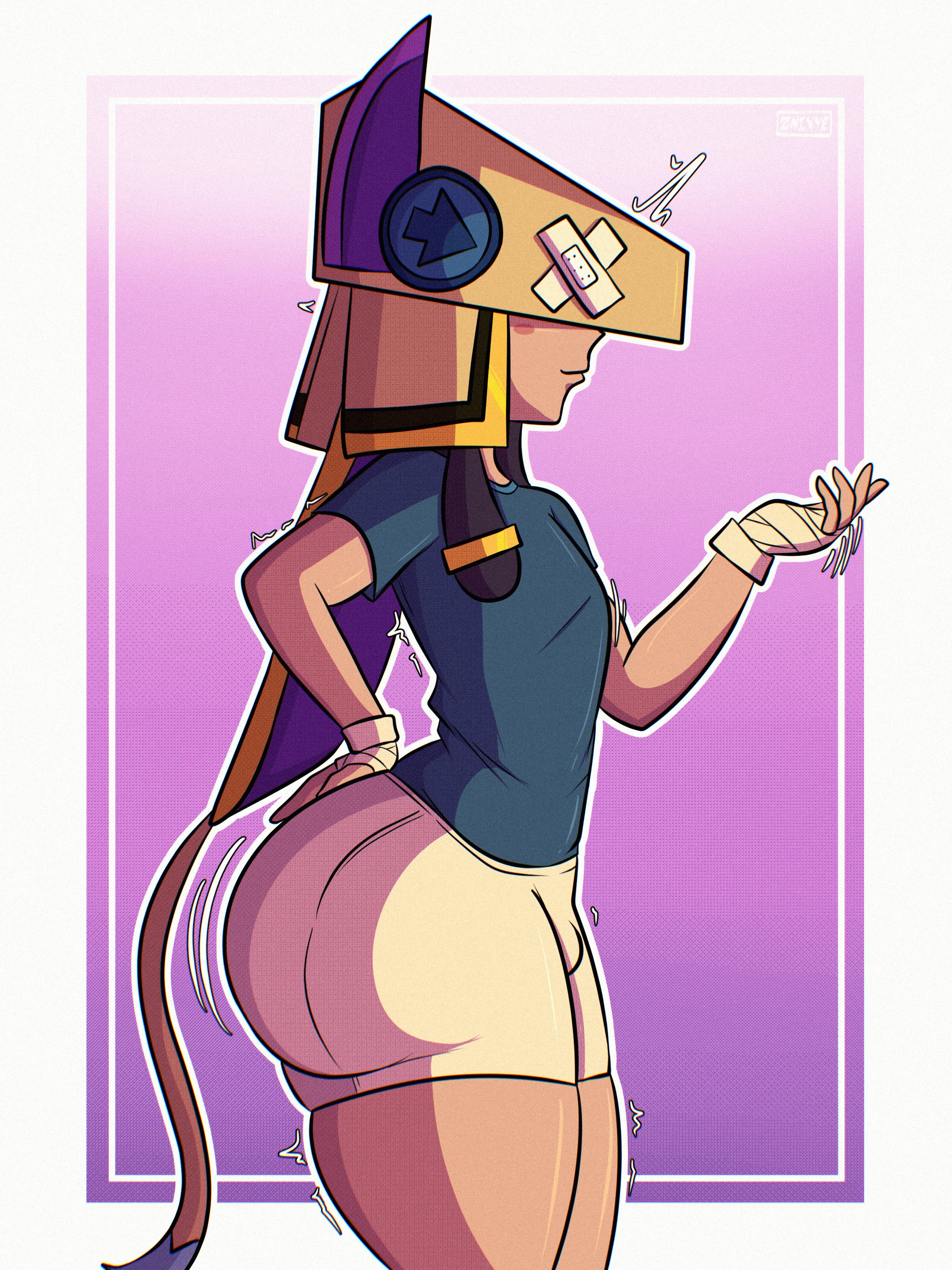 1boy, ass, band-aid, big ass, big ass (male), brawl stars, bulge, bulge through clothing, curvy male, dark skin, dark-skinned femboy, dark-skinned male, egyptian, femboy, finx (brawl stars), gay, hat, male, male only, small penis, smirk, solo, solo femboy, solo male, tagme, wanting it, znixye