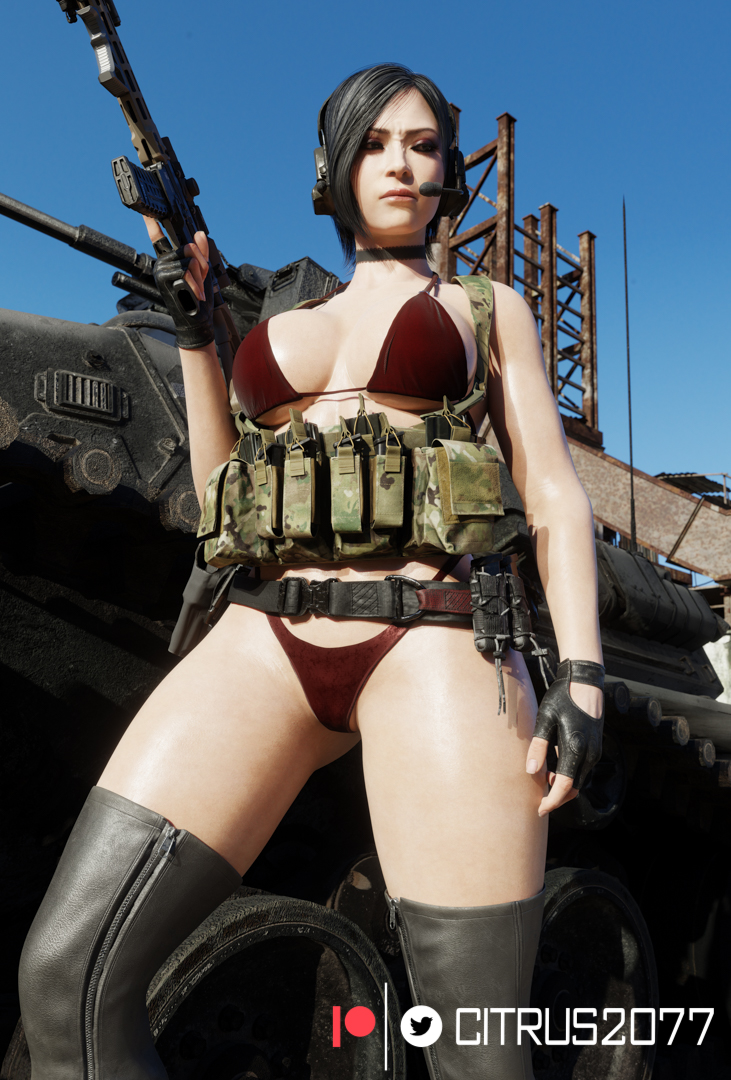 1girls, 3d, ada wong, ada wong (adriana), asian, asian female, assault rifle, belt, big breasts, bikini, black gloves, black hair, breasts, capcom, citrus2077, female, female focus, female only, fingerless gloves, gloves, gun, gun holster, headphones, holding weapon, holster, leather gloves, light skin, light-skinned female, low-angle view, military, military vehicle, pinup, red bikini, resident evil, resident evil 2, resident evil 2 remake, resident evil 4, resident evil 4 remake, short hair, solo, solo female, swimsuit, swimwear, tactical gear, tactical gloves, thick thighs, thigh boots