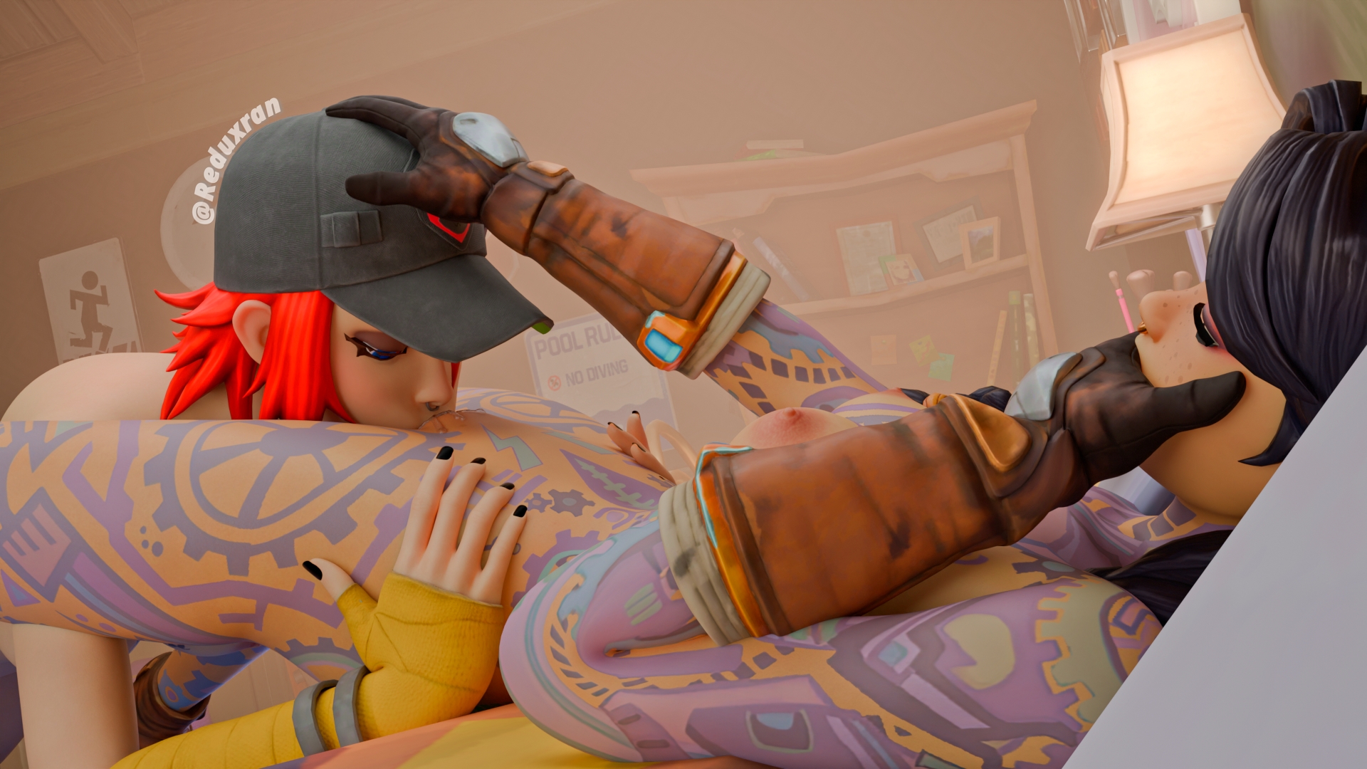 3d, 3d (artwork), ass, big breasts, black hair, black-haired female, breasts, completely nude, covering mouth, dusty (fortnite), eating pussy, female, female focus, female only, fingerless gloves, fortnite, freckles, gloves, hand on head, hat, jules (fortnite), laying down, laying on back, laying on bed, looking at partner, looking down, looking down at pussy, nose ring, nude, nude female, pigtail, pussy, pussy juice, pussy juice drip, red hair, red-haired female, redhead female, reduxran, tattoo, tattoos, tattoos everywhere, twintails, yuri