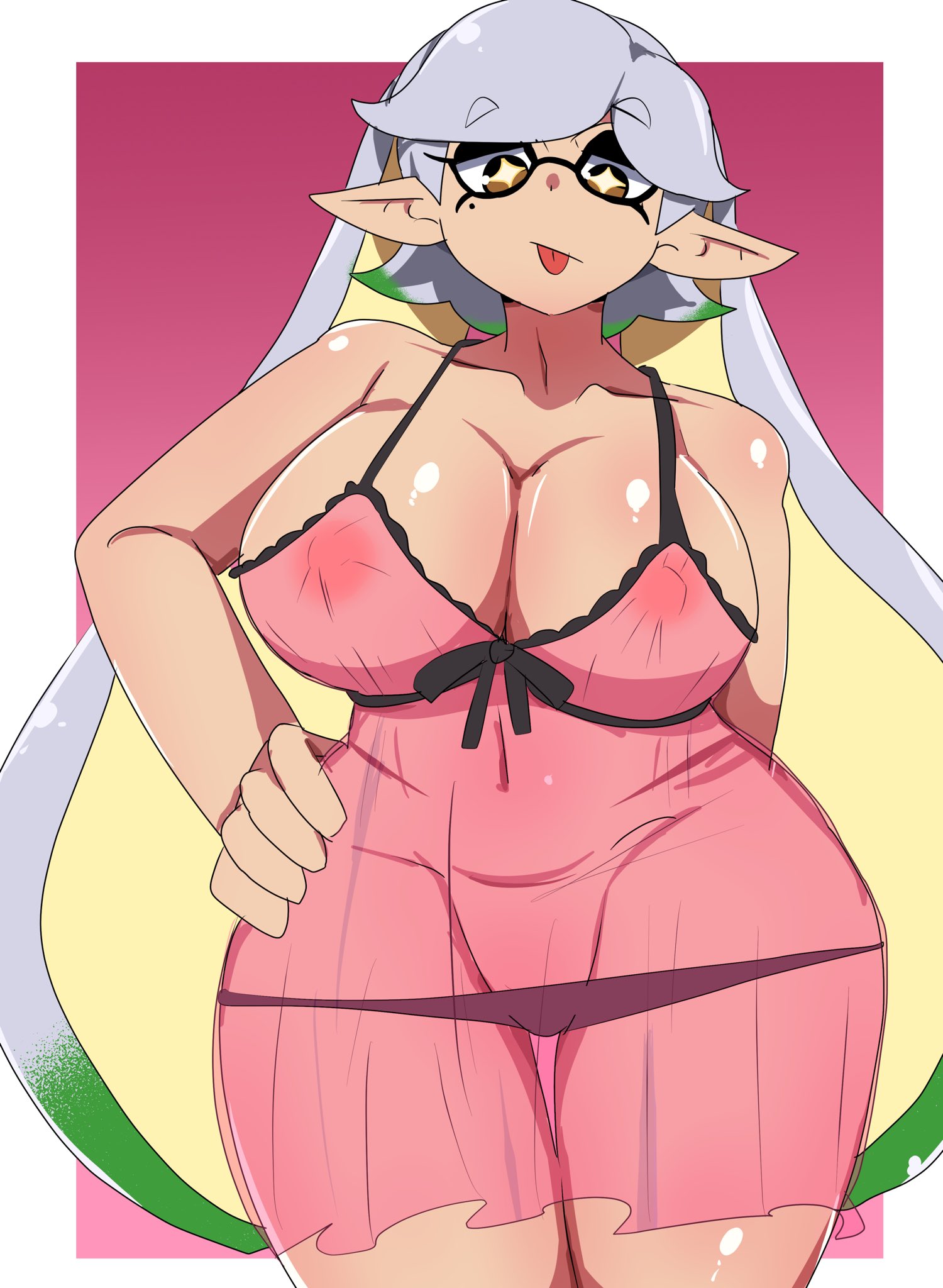 1girls, bare shoulders, big breasts, breasts, chicken rib, cleavage, covered navel, covered nipples, female, hair down, hand on hip, hand on own hip, huge breasts, large breasts, looking at viewer, marie (splatoon), mole, mole under eye, nightgown, nintendo, no bra, panties, shiny skin, solo, solo female, solo focus, splatoon, splatoon (series), tentacle hair, thick thighs, thighs, two-tone hair, underwear