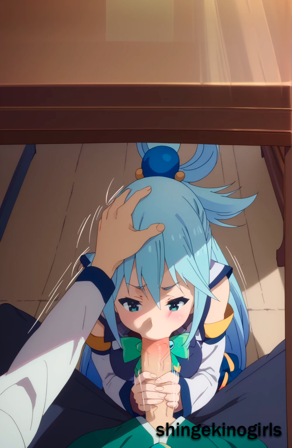 1boy, 1girls, ai generated, anime, aqua (konosuba), aqua eyes, aqua hair, blowjob, fellatio, female, handjob, kono subarashii sekai ni shukufuku wo!, male, oral, penis, pov, shingekinogirls, under the table