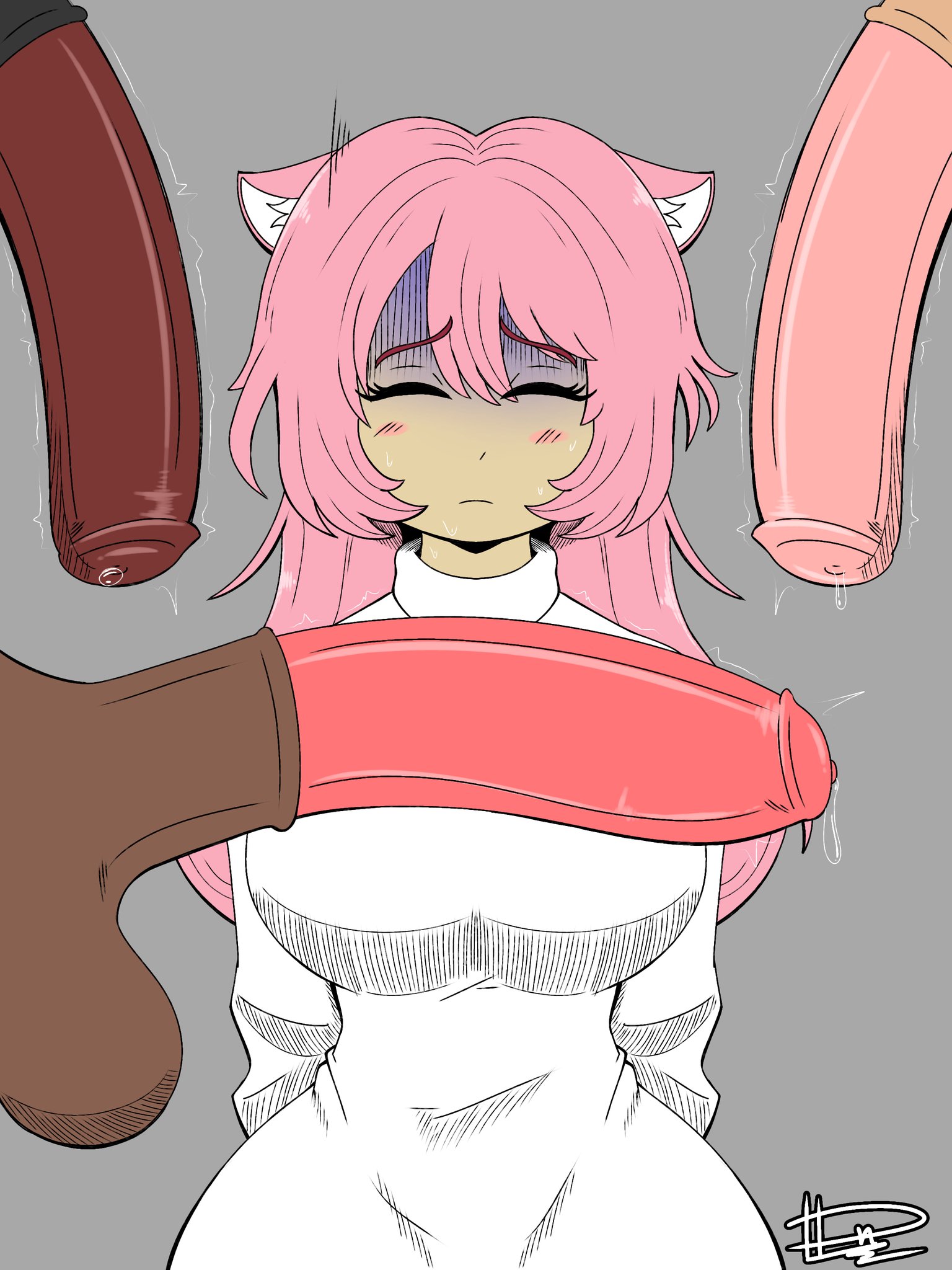 1girls, 3boys, animal penis, azami higashikata, big penis, breasts, dn28 art, female, horsecock, imminent sex, large breasts, male, motion lines, oc, original character, penis, pink hair, precum, roblox, robloxian, tagme
