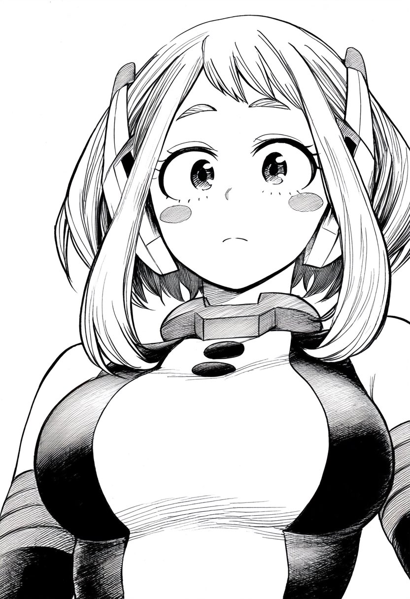 1girls, ai generated, blush stickers, bodysuit, boku no hero academia, breasts, closed mouth, expressionless, female, highres, horoyoi drink, large breasts, looking at viewer, monochrome, my hero academia, ochako uraraka, ochako uraraka (hero outfit), short hair, sidelocks, skin tight, solo, uraraka ochako, white background