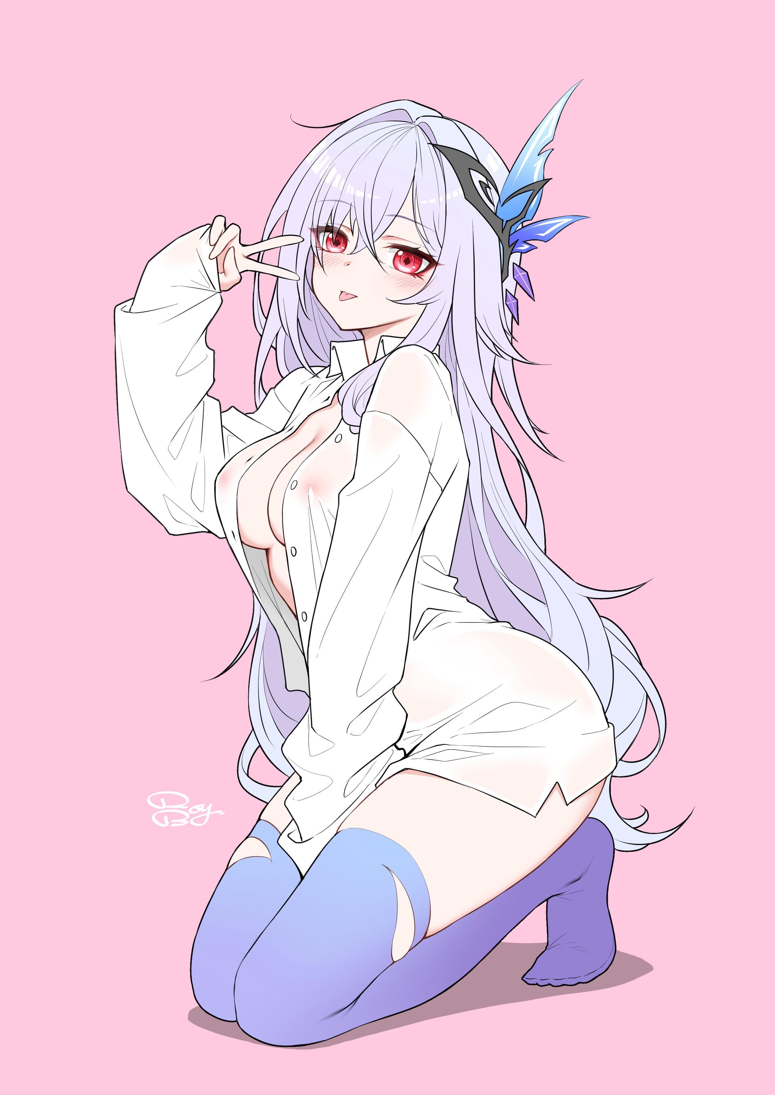 genshin impact, nipples visible through clothing, red eyes, royboy, skirk (genshin impact), white hair