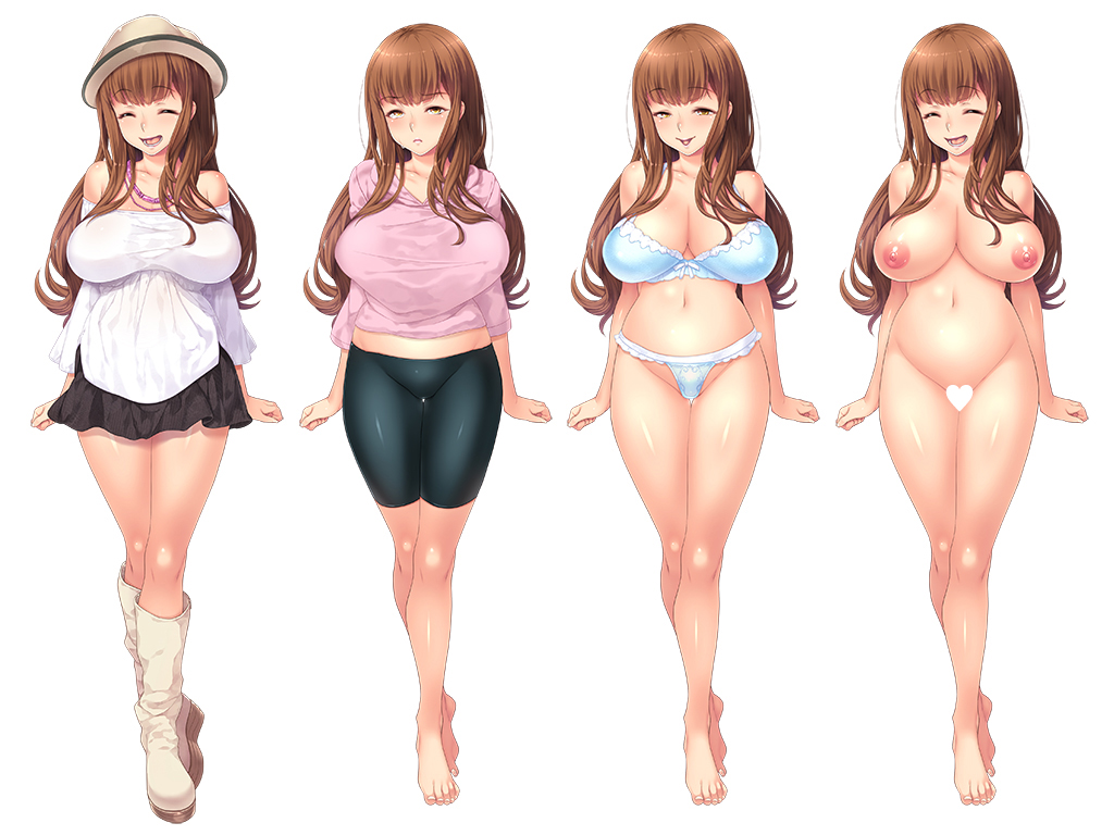 barefoot, breasts, brown hair, closed eyes, feet, female, hat, huge breasts, lingerie, mario (artist), multiple persona, naughty face, nipples, orcsoft, simple background, smile, white background