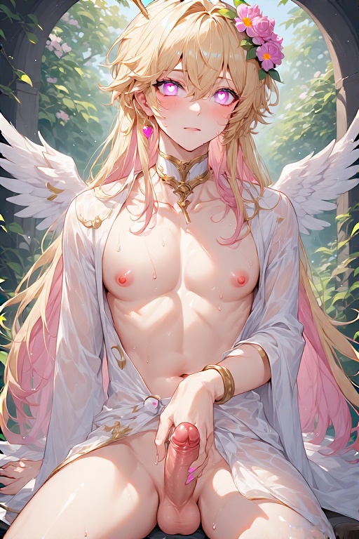 ai_generated angel angel_boy angel_wings blonde_hair blonde_hair blonde_hair_male blonde_male cupid cute eros femboy flower_crown flower_in_hair flower_on_head flowers god god_of_love greek_god greek_mythology handjob heart heart-shaped_pupils heart_eyes lithe masturbation nipples pink pink_eyes pink_hair pink_hair_male pink_nipples pretty twink