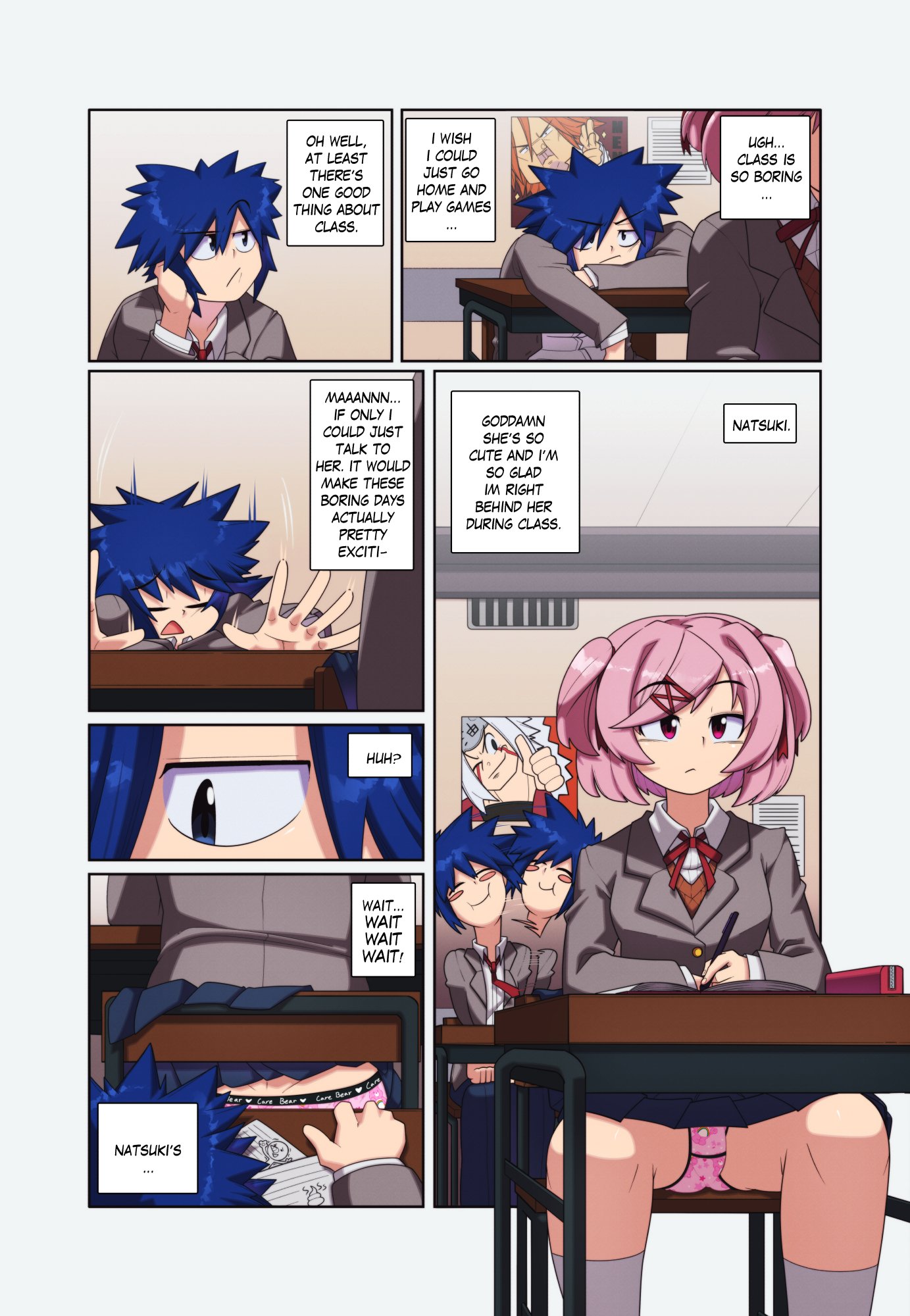 1boy, 1girls, blue eyes, blue hair, blue skirt, care bears, childish panties, clothed, clothed female, clothed male, clothes, clothing, comic, comic page, comic panel, desk, doki doki literature club, english text, euf-dreamer, fairy tail, female, ichiya vandalay kotobuki, jiraiya, male, naruto, naruto (series), natsuki (doki doki literature club), panties, paper, pink eyes, pink hair, pink panties, poster, poster (object), school desk, sketch, skirt, socks, text, text box
