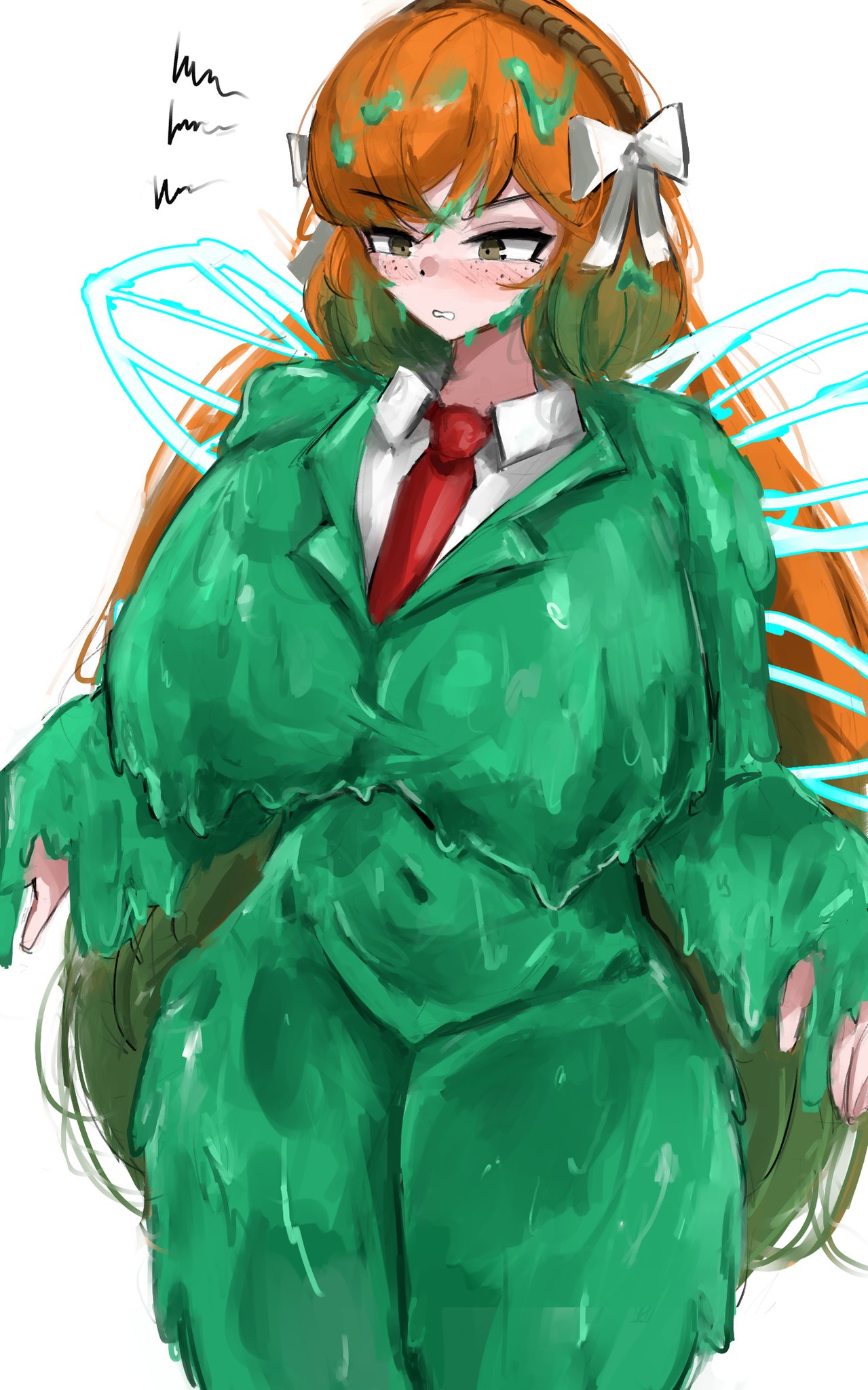 1girls, annoyed, breasts, e.g.o (project moon), eyebrows visible through hair, female, female only, freckles, gradient hair, hairband, huge breasts, ishmael (limbus company), light skin, light-skinned female, limbus company, long hair, navel, orange hair, possessed, possession, project moon, skindentation, slime, slime clothing, solo, white background, wings, www1 (artist)