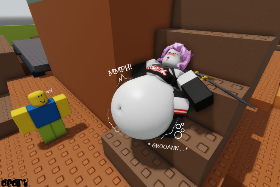 1boy 1girls 3d_animation battle big_belly blush dedrt digestion female_pred grey_skin guest_(roblox) huge_belly loser noob noob_(roblox) open_mouth pink_hair pleasure_face roblox shorts sword text tongue_out unknown_prey vore