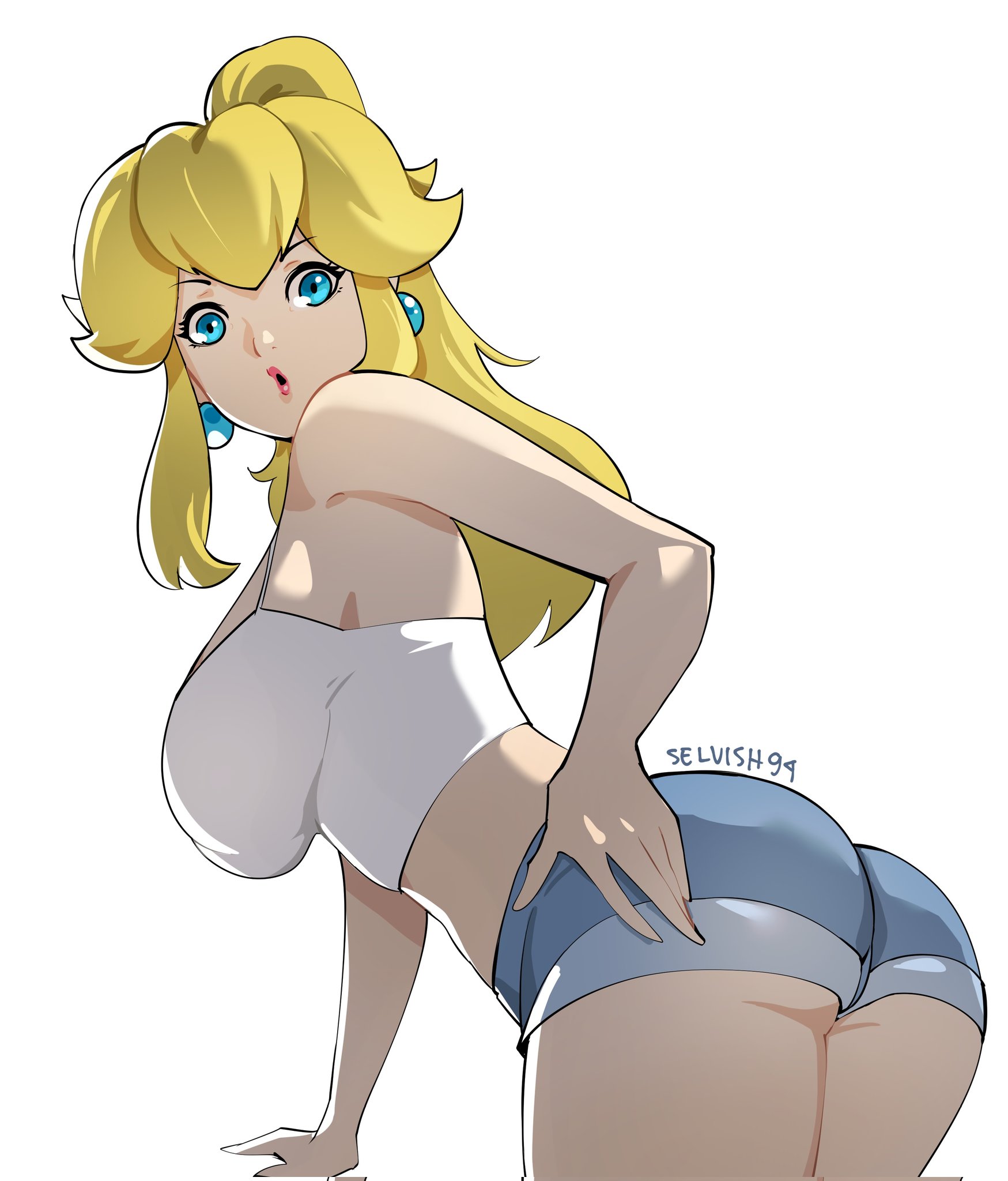 1girls, armpits, artist name, ass, ass focus, bangs, bare midriff, bare thighs, blonde female, blonde hair, blue earrings, blue eyes, blue shorts, booty shorts, breasts, denim, denim shorts, earrings, eyebrows visible through hair, eyelashes, fat ass, female, female only, fully clothed, hand on hip, large breasts, leaning forward, long hair, looking at viewer, looking back, low-angle view, mario (series), mario kart, mario kart world, midriff baring shirt, nintendo, pink lips, pink lipstick, ponytail, princess peach, princess peach (touring), selvish94, short shorts, shorts, sideboob, sidelocks, simple background, skin tight, skinny, skinny female, solo, solo female, tank top, viewed from behind, white background, white shirt
