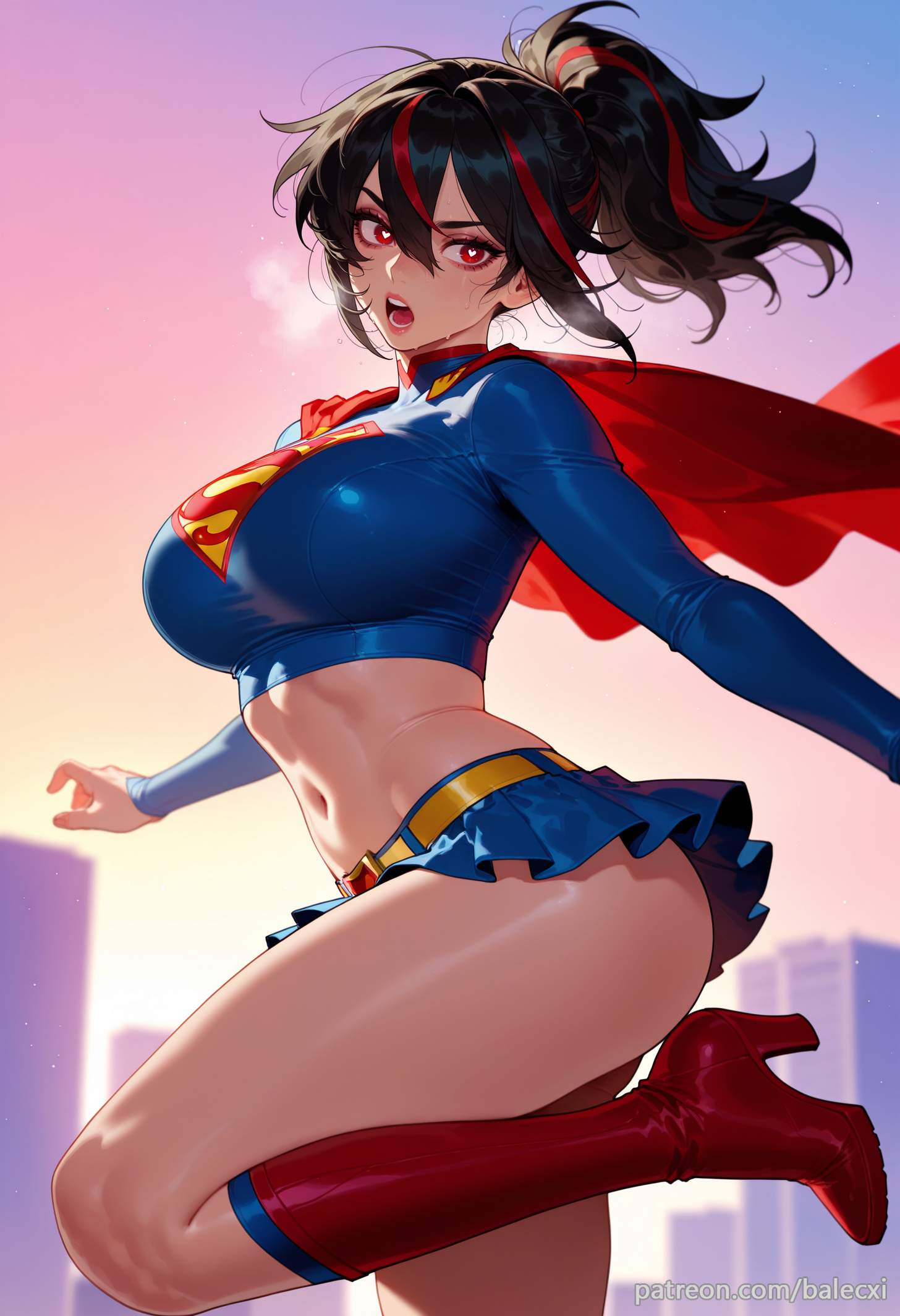 ai generated, balecxi, belt, black hair, blue shirt, blue skirt, boots, breasts, bright pupils, crop top, female, hair between eyes, high heel boots, high heels, knee boots, large breasts, long sleeves, looking at viewer, midriff, miniskirt, navel, open mouth, pleated skirt, ponytail, red cape, red eyes, red footwear, red hair, sky, solo, streaked hair, thighs, zenless zone zero, zhu yuan