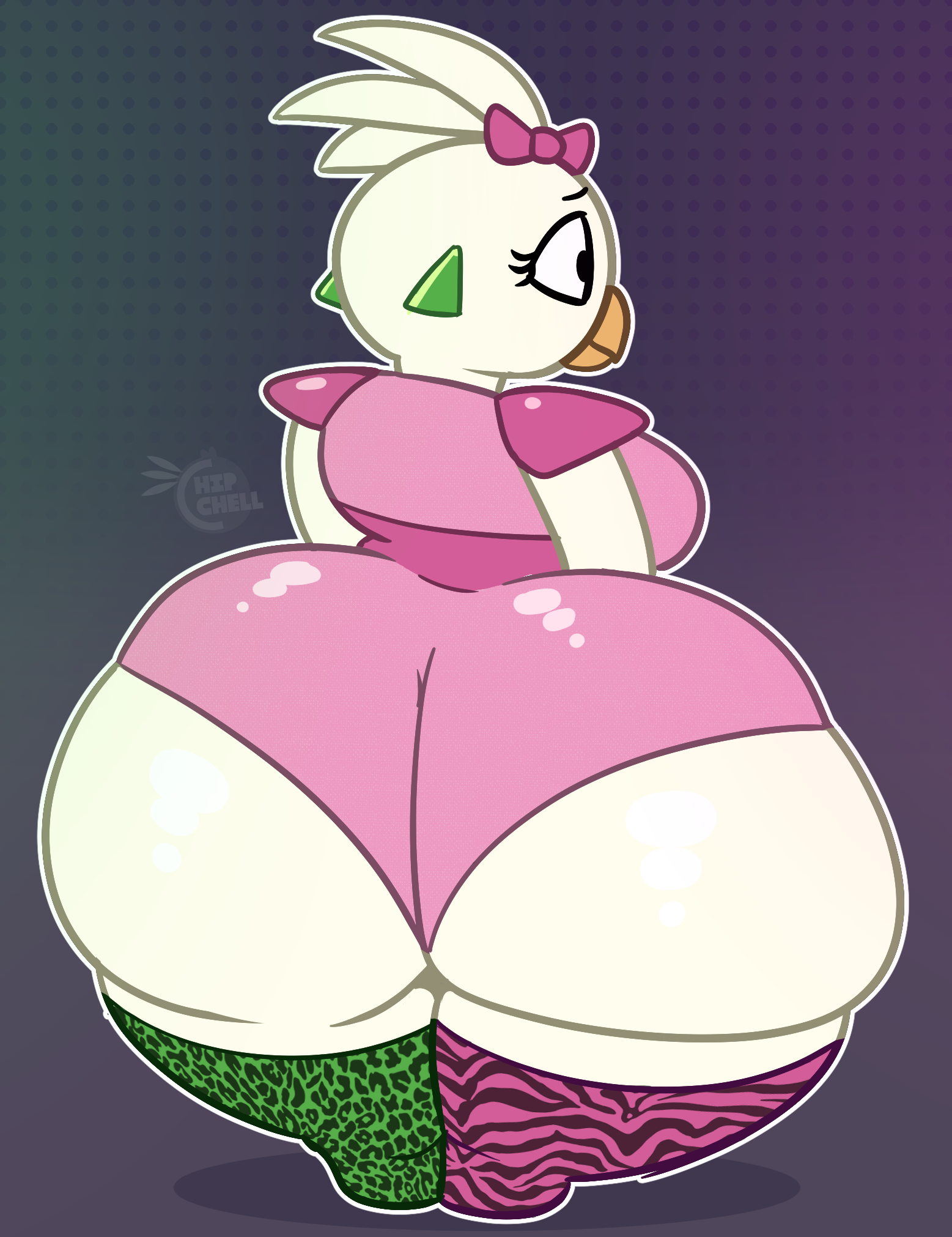 1girls, 2022, ass, avian, avian humanoid, beak, big ass, black eyes, breasts, chicken, chicken girl, chipchell, clothed, clothed female, earrings, female, female only, five nights at freddy's, furry, glamrock chica (fnaf), huge ass, looking away, orange beak, purple background, scottgames, solo, thick thighs, thighhighs, thighs, white body, white feathers, white hair, white skin, wide hips
