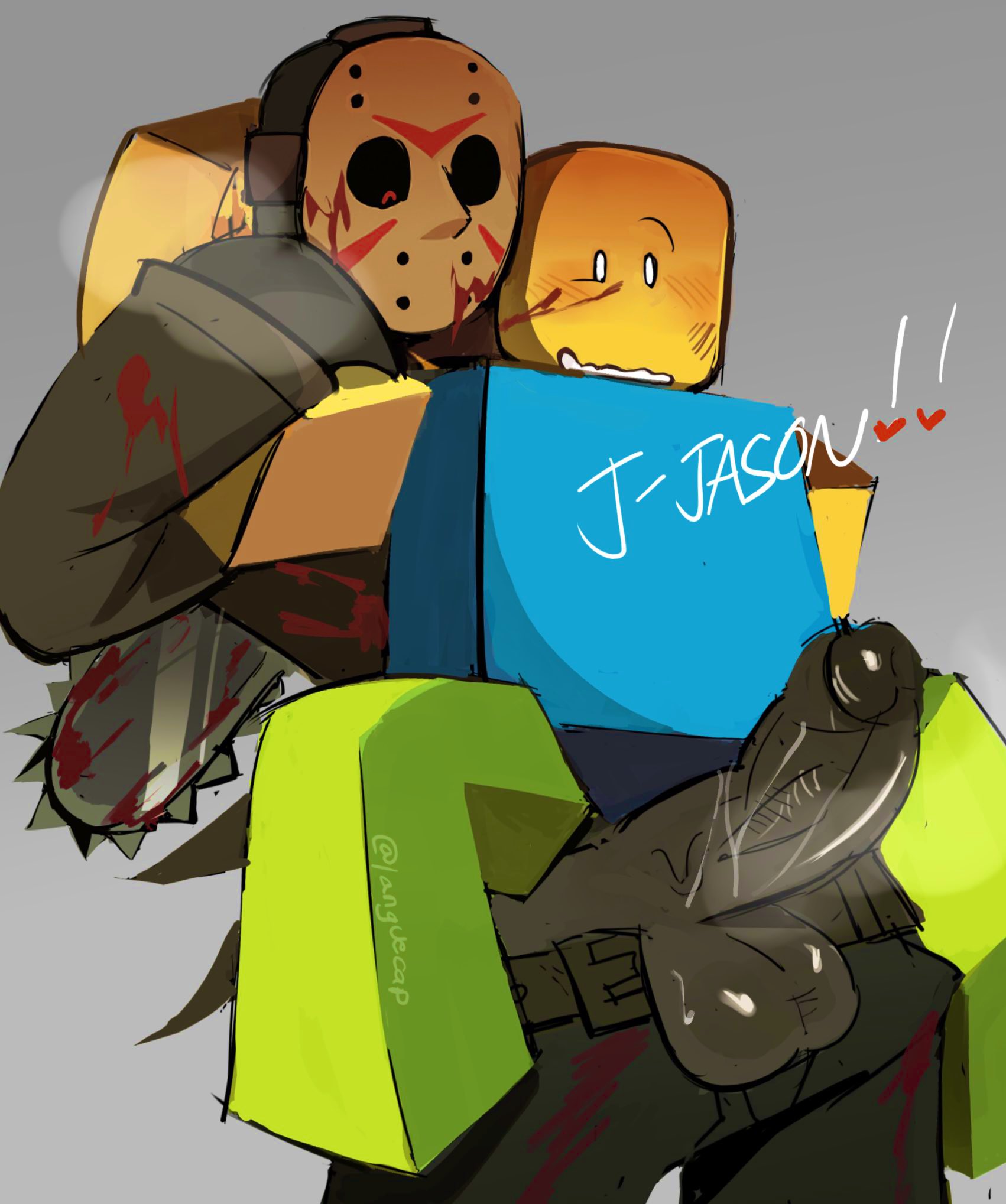 1boy, 1other, ambiguous gender, balls, bfad, blocky body, blood on face, blush, english text, forsaken (roblox), friday the 13th, gay, imminent sex, jason (forsaken), jason voorhees, male, methamphetamine, noob (forsaken), noob (roblox), nude, nude male, penis, penis out, roblox, roblox game, roblox23074, robloxian, sabobonds, standing, tagme, text, twitter username, watermark
