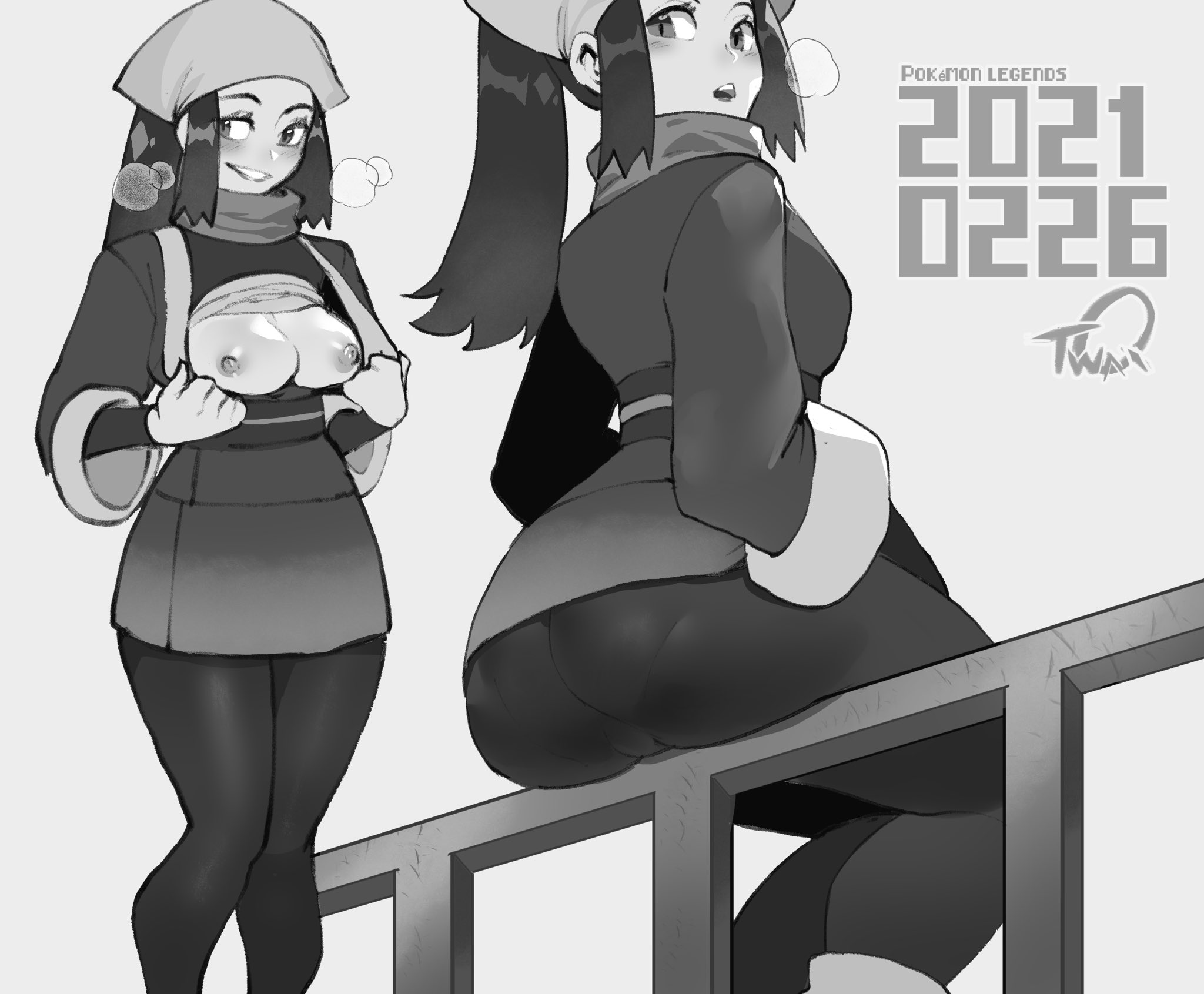 1girls, akari (pokemon), ass, bandana, breasts, breasts out, breath, cleavage, collage, commentary, dated, english commentary, female, female only, flashing, floating scarf, greyscale, grin, highres, looking back, medium breasts, monochrome, nintendo, nipples, on railing, pantyhose, pantylines, pokemon, ponytail, railing, scarf, sidelocks, sitting, smile, solo, thiccwithaq, wide sleeves