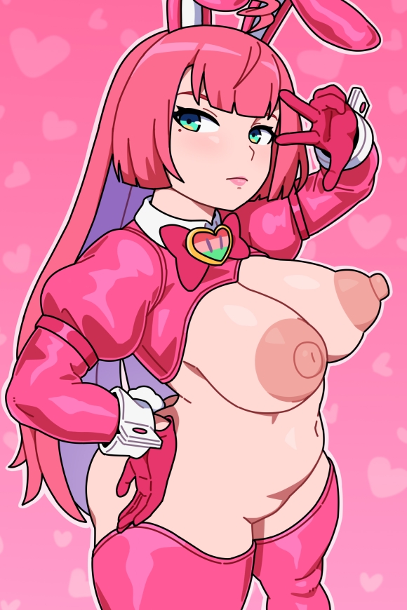 1girls, ahoge, anus, breasts, female, frown, green eyes, huge breasts, kabeume, large areolae, long hair, looking at viewer, mahjong fight girl, mitsumoto dia, navel, nipples, pink background, pink hair, plump, puffy nipples, reverse bunnysuit, ribbon, socks, solo, straight hair, thick thighs, thighs, v, wristband
