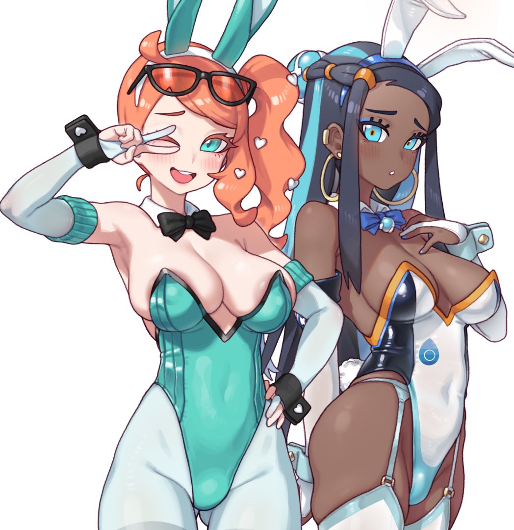 2girls, alternate costume, animal ears, b o x, bare shoulders, black hair, blue eyeshadow, blue hair, blue nails, blush, bow, bowtie, box20502017, breasts, bunny ears, bunnysuit, commentary, dark skin, dark-skinned female, detached collar, earrings, elbow gloves, eyeshadow, eyewear on head, fake animal ears, female, female only, game freak, garter belt, garter straps, gloves, green eyes, hair ornament, heart, heart hair ornament, jewelry, leotard, long hair, looking at viewer, makeup, multicolored hair, nail polish, nessa (pokemon), nintendo, orange hair, partially fingerless gloves, pokemon, pokemon ss, rabbit ears, raised eyebrows, side ponytail, skindentation, solo, sonia (pokemon), streaked hair, symbol-only commentary, thighhighs, white gloves, wrist cuffs, xiangzi box