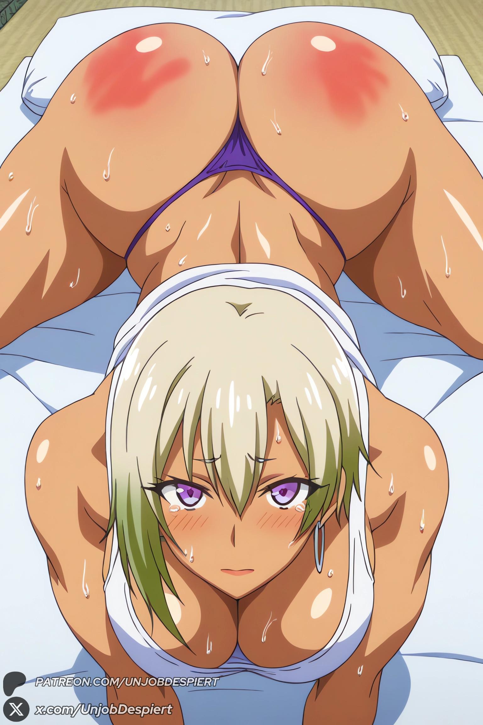 1female, 1girls, 2025, ai generated, all fours, artist name, ass, big ass, big breasts, blonde hair, blush, breasts, cleavage, closed mouth, curvy, dark skin, dark-skinned female, earrings, female, female only, g-string, green hair, hair between eyes, hajimete no gal, hi res, high quality, high resolution, highres, honjou ranko, huge ass, huge breasts, jewelry, large breasts, looking at viewer, multicolored hair, panties, patreon, patreon username, purple eyes, purple panties, shiny skin, short hair, slap mark, solo, spanked, spread legs, sweat, tank top, tearing up, tears, thong, underwear, unjobdespiert, watermark, white tank top