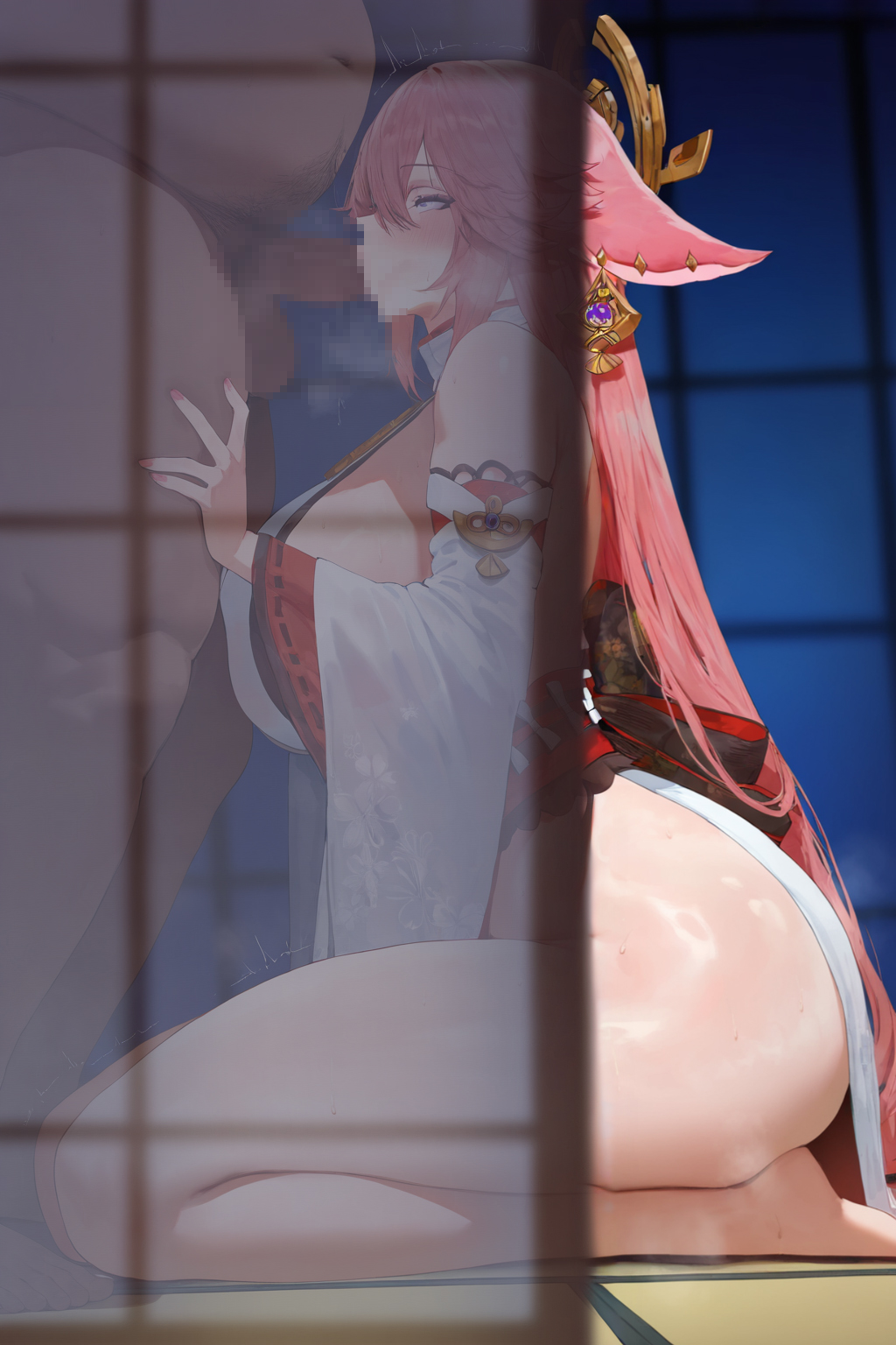 ai generated, blowjob, breasts, dark-skinned male, duo, fat male, female, genshin impact, male, oral sex, penis, tagme, yae miko