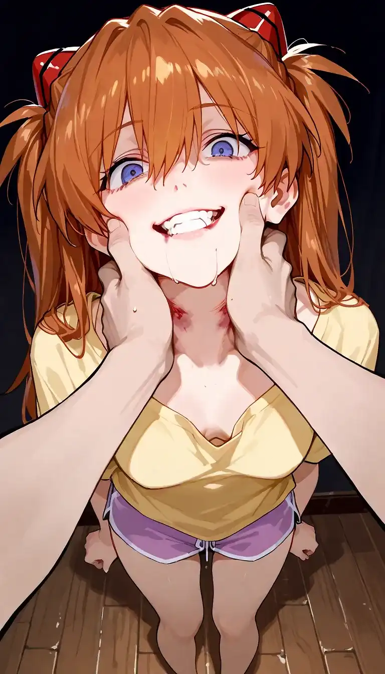 ai generated, asuka langley sohryu, choking, crazy eyes, female, neon genesis evangelion, shinji ikari, wooden floor