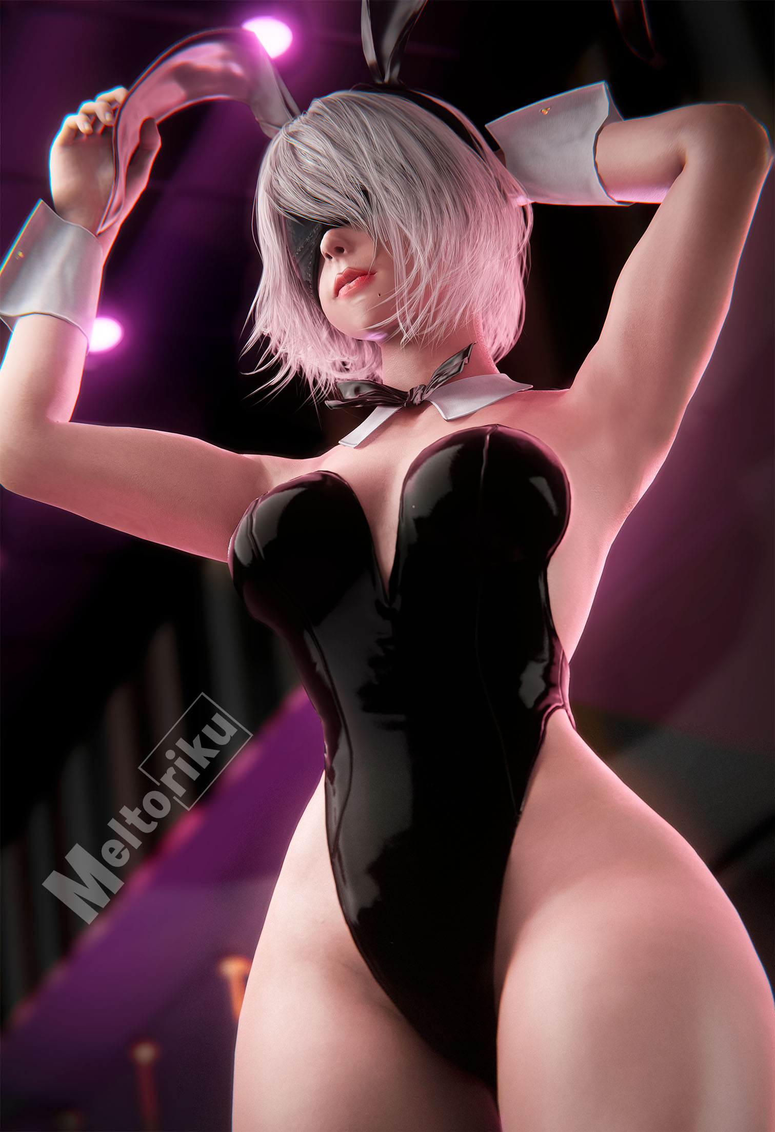 1girls, 2024, 3d, android, armpit, armpits, arms behind head, arms up, artist name, ass, blender, blindfold, breasts, bunny, bunny costume, bunny ear, bunny ears, bunny girl, bunnysuit, clothed, clothing, curvy, curvy body, curvy female, curvy figure, female, female focus, female only, front view, hi res, high resolution, highres, hips, hips wider than shoulders, indoors, leotard, light skin, light-skinned female, lips, looking away, medium breasts, meltoriku, nier (series), nier: automata, robot, robot girl, robot humanoid, seductive, short hair, solo, solo female, thick, thick ass, thick hips, thick legs, thick thighs, video games, voluptuous, voluptuous female, watermark, white hair, wide hips, yorha 2b
