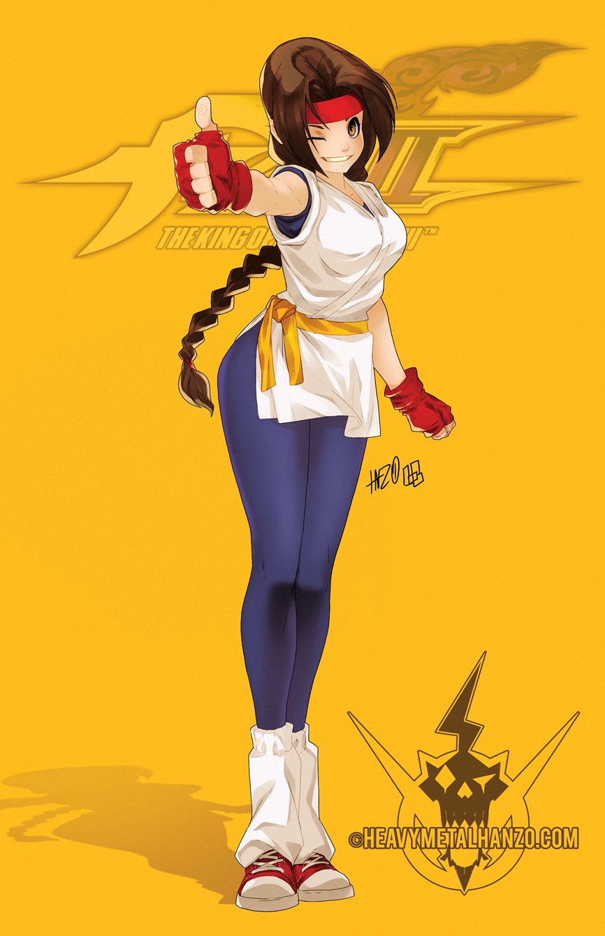 1girls bandana belt big_ass big_breasts big_butt braid braided_ponytail brown_eyes brown_hair clothed female gloves heavymetalhanzo karate_gi king_of_fighters light_skin light_skinned_female long_hair long_socks one_eye_closed shoes smiling socks thumbs_up yoga_pants yuri_sakazaki