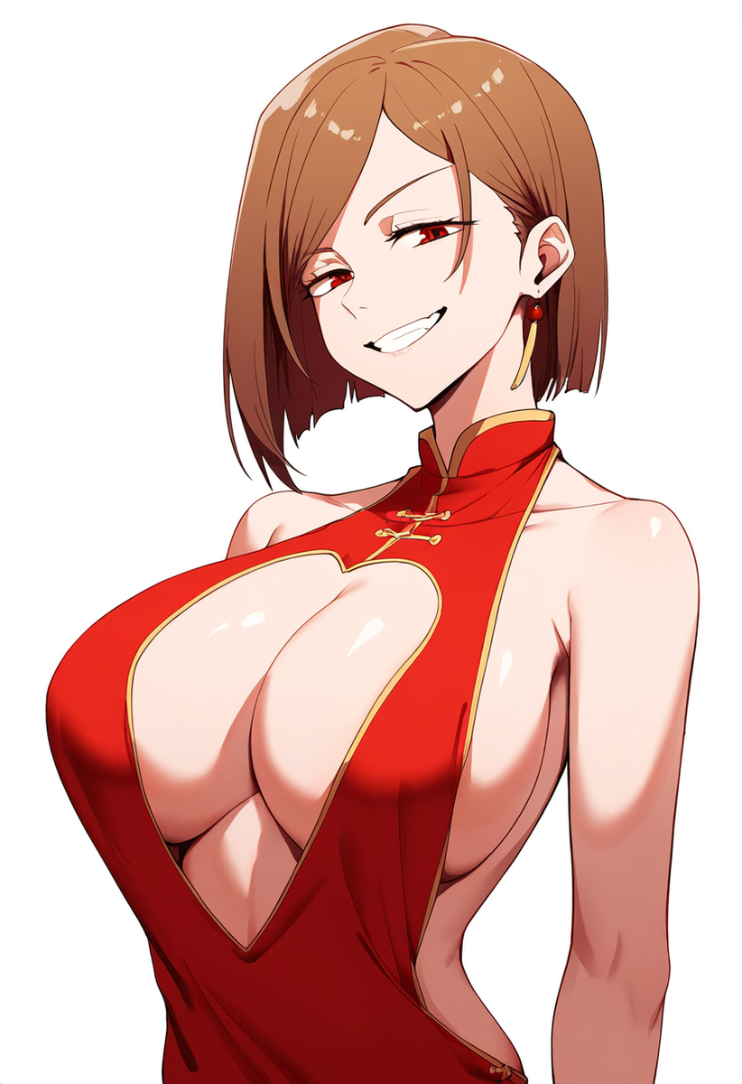 1girls ai_generated backless_outfit big_breasts boob_window breasts cleavage cleavage_cutout cleavage_dress cleavage_focus devious_grin earrings evil_smile female female_only ginger_hair huge_breasts human jujutsu_kaisen kugisaki_nobara mischievous mischievous_look mischievous_smile red_dress red_eyes sharp_tooth shiny_skin slim_waist smirk smirking smirking_at_viewer smug smug_expression smug_face smug_smile solo