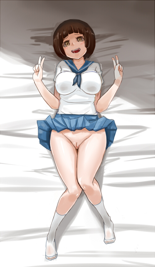 1girls blush bob_cut bowl_cut breasts brown_eyes brown_hair clothing dakimakura double_v drooling embarrassed female justeeeeth kill_la_kill knees_together_feet_apart large_breasts mankanshoku_mako no_panties no_shoes pleated_skirt pussy school_uniform serafuku short_hair skirt skirt_lift socks solo trembling uncensored v