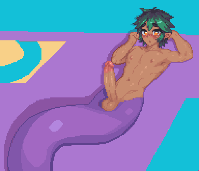 basil_(hdoomguy) blush dark-skinned_femboy dark_skin femboy femboy_only green_hair hdoomguy huge_cock hung_femboy hung_trap lamia orange_eyes pixel_art scalie shy snake solo solo_focus