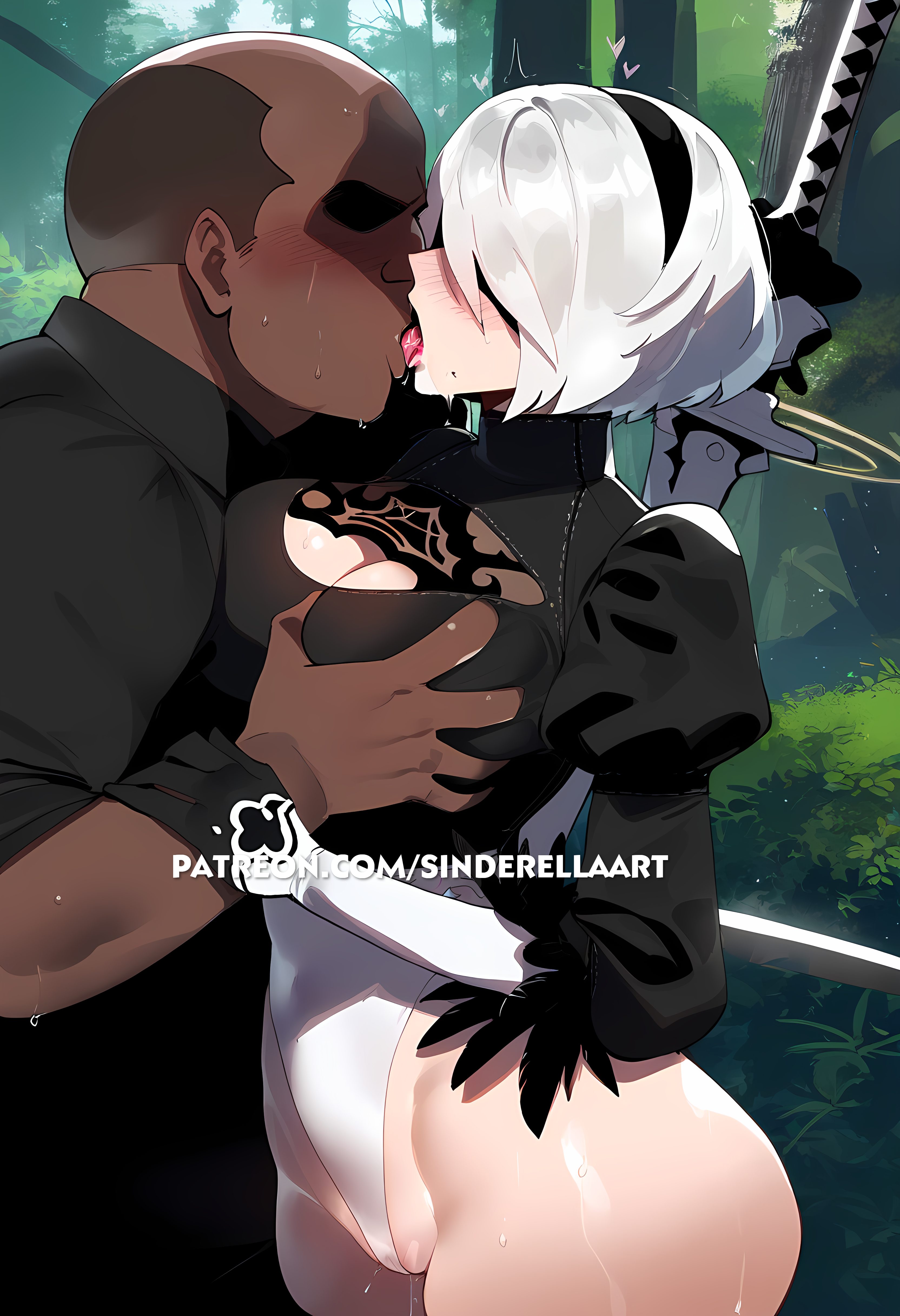 1boy, 1girls, ai generated, ass, big ass, big breasts, big butt, breasts, cheating, cuckolding, dark skin, dark-skinned male, female, grope, groping, huge breasts, interracial, kissing, large ass, large breasts, light skin, light-skinned female, male, netorare, nier (series), nier: automata, ntr, public, sinderellaart, straight, yorha 2b