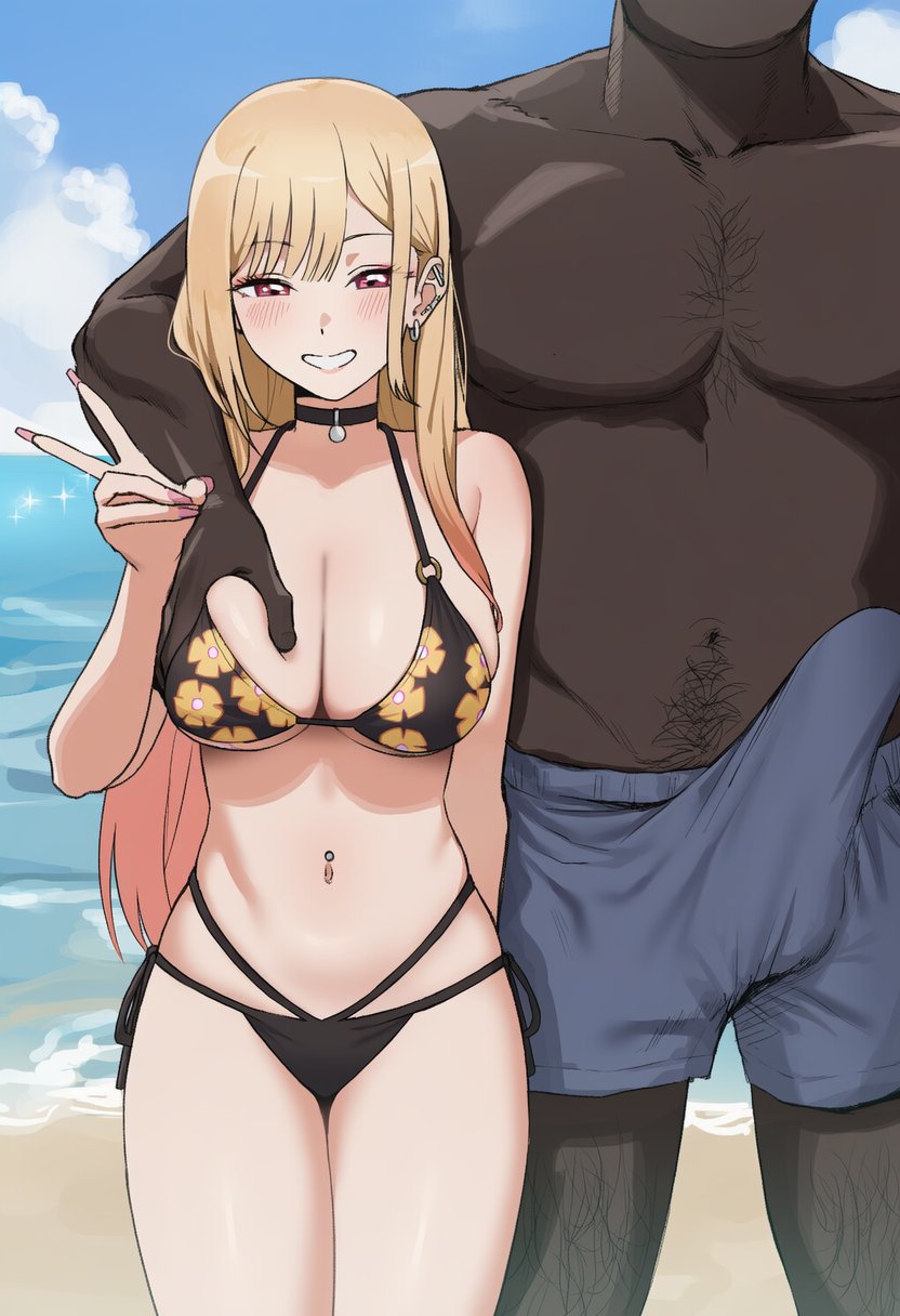 1boy, 1girls, ai generated, big breasts, bikini, bulge, bulge through clothing, dark-skinned male, kitagawa marin, large penis, netorare, sono bisque doll wa koi wo suru, straight