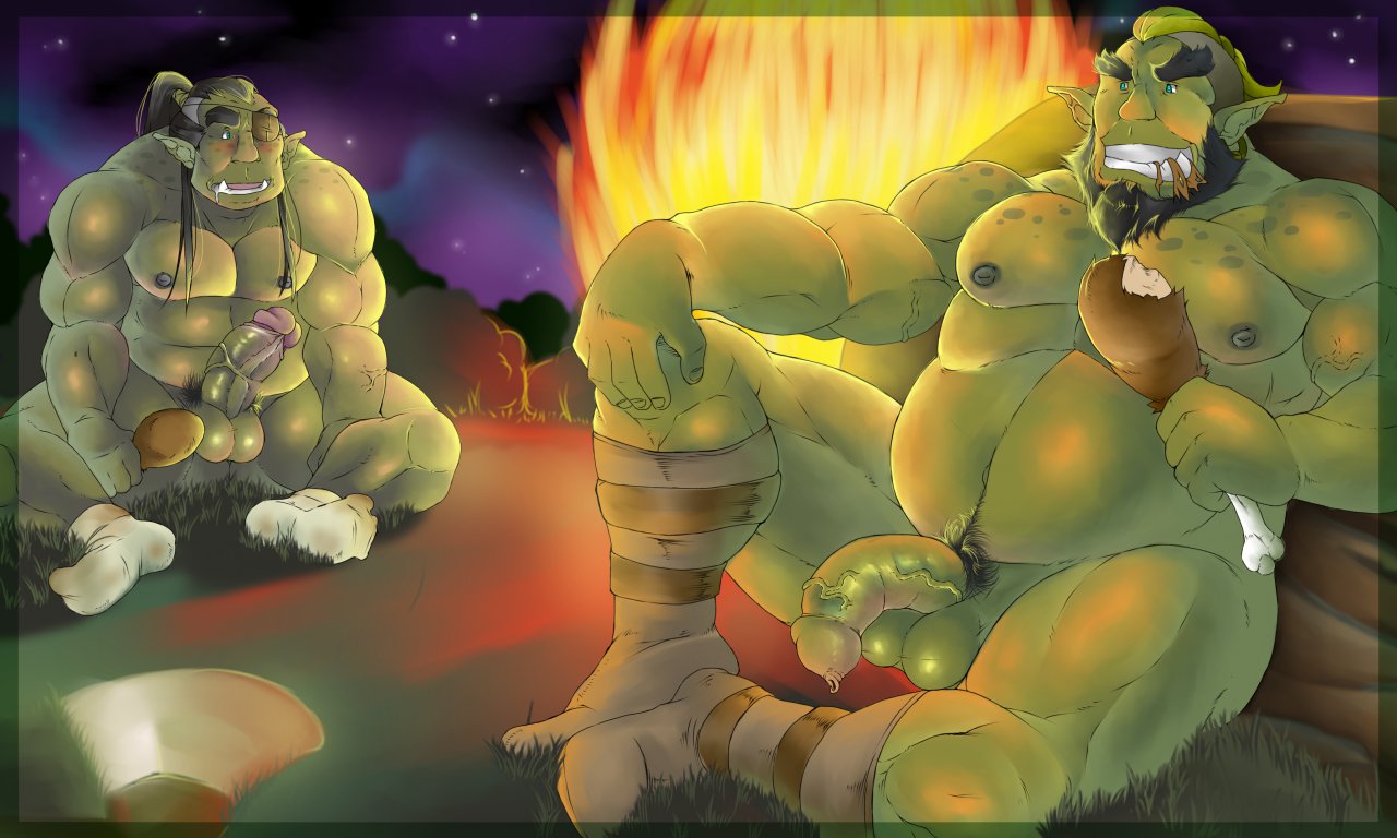 balls bara beard belly biceps black_hair blush drooling eating eye_patch eyewear facial_hair fangs fire gay green_hair hair male male_only meat musclegut muscles night orc overcross pecs penis ponytail reclining relaxing retracted_foreskin saliva socks tied_hair uncut vein yaoi