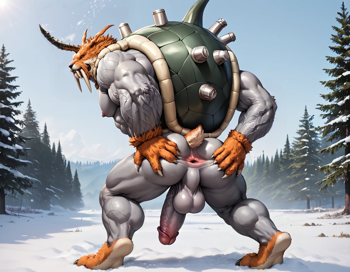 1boy abs ai_generated anthro anus ass ass_focus back back_muscles balls bara big_ass big_balls big_muscles big_nipples big_pecs big_penis booster_rex daddy digimon digimon_(species) dilf erection gay grey_body horn huge_balls huge_cock huge_muscles huge_nipples huge_pecs hunk male male_only multicolored_body muscular muscular_anthro muscular_male navel nipples nude orange_body pecs penis solo spiked_shell tusks walrus zudomon