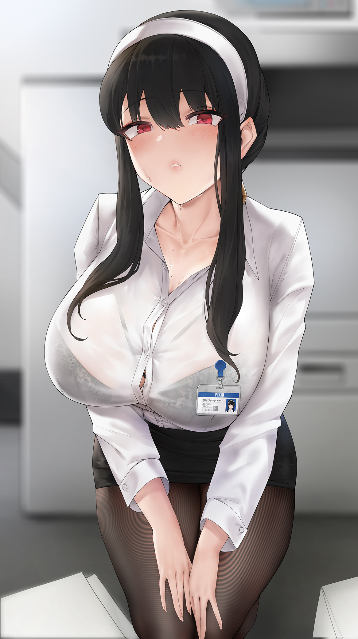1girls, alternative costume, bent knees, black bra, black clothes, black hair, black legwear, black pantyhose, black skirt, black underwear, bodily fluids, bra, bra visible through clothes, breasts, character name, clothing, collared shirt, crystal, earrings, female, female only, formal, gem, gold earrings, haihai (skeleton), hairband, headband, headwear, high resolution, huge breasts, id card, indoors, jewelry, kneeling, large breasts, legwear, lingerie, long hair, long sleeves, miniskirt, name tag, office, office lady, office lady outfit, pantyhose, paper, piercing, red eyes, see-through, shirt, sidelocks, skirt, solo, spy x family, sunbeam, sunlight, sweat, sweatdrop, text, transparent clothes, underwear, uniform, wet, white hair ornament, white hairband, white shirt, yor briar, yor forger