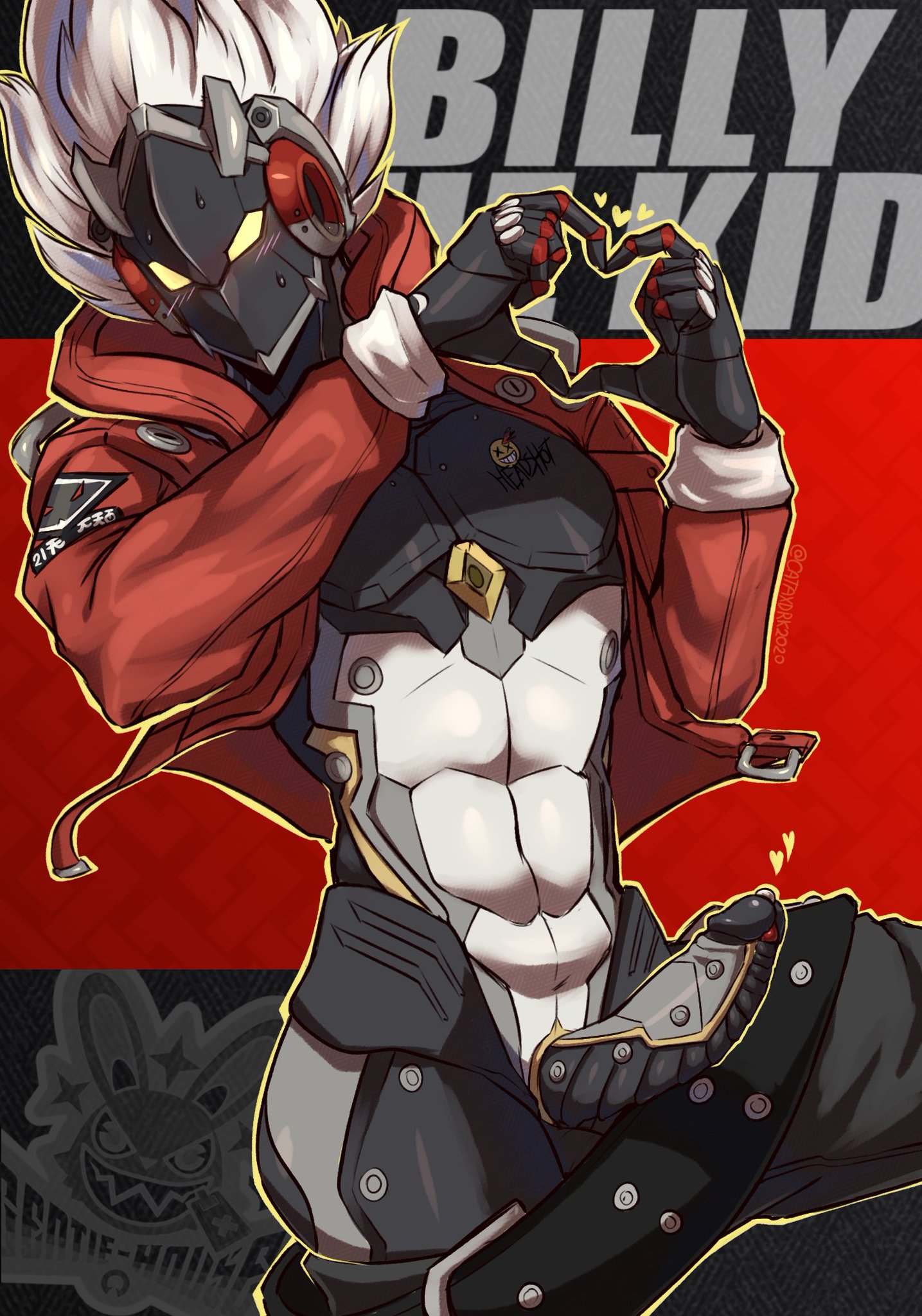 1boy, billy kid (zenless zone zero), blush, cataxdrk2020, cyborg, gay, heart hands, heart symbol, humanoid, male, male only, nipples, partially clothed, penis, robot, solo, solo focus, solo male, yaoi, zenless zone zero