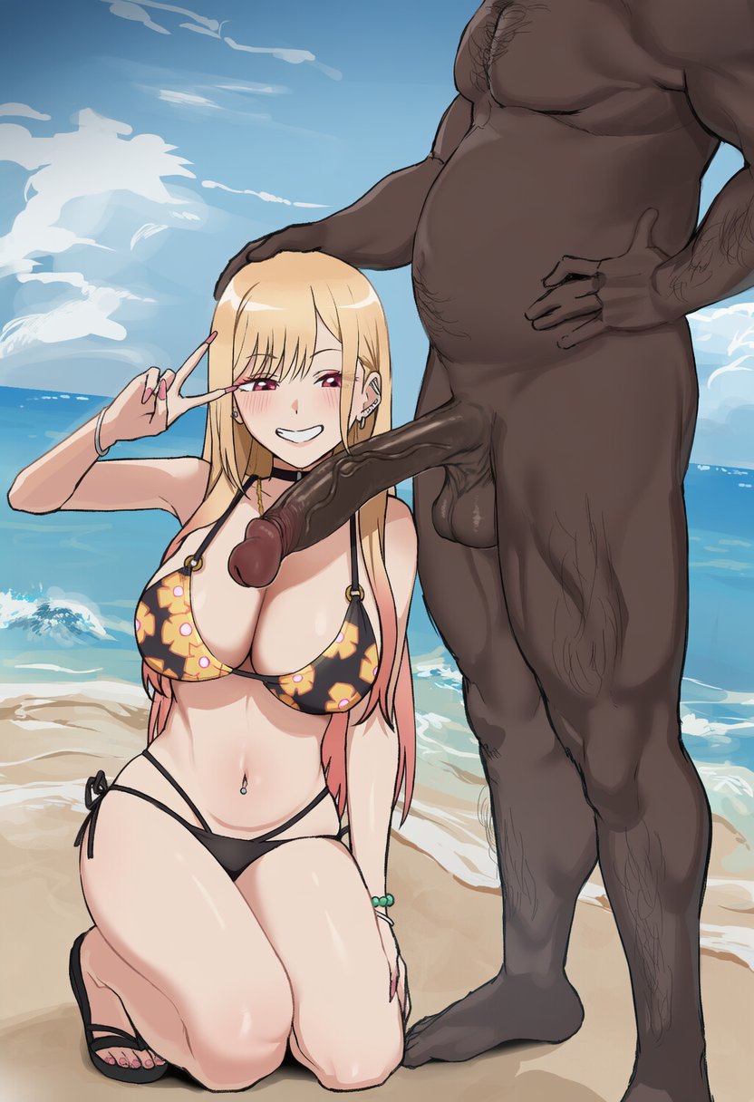 1boy, 1girls, ai generated, big breasts, bikini, dark-skinned male, kitagawa marin, large penis, netorare, sono bisque doll wa koi wo suru, straight