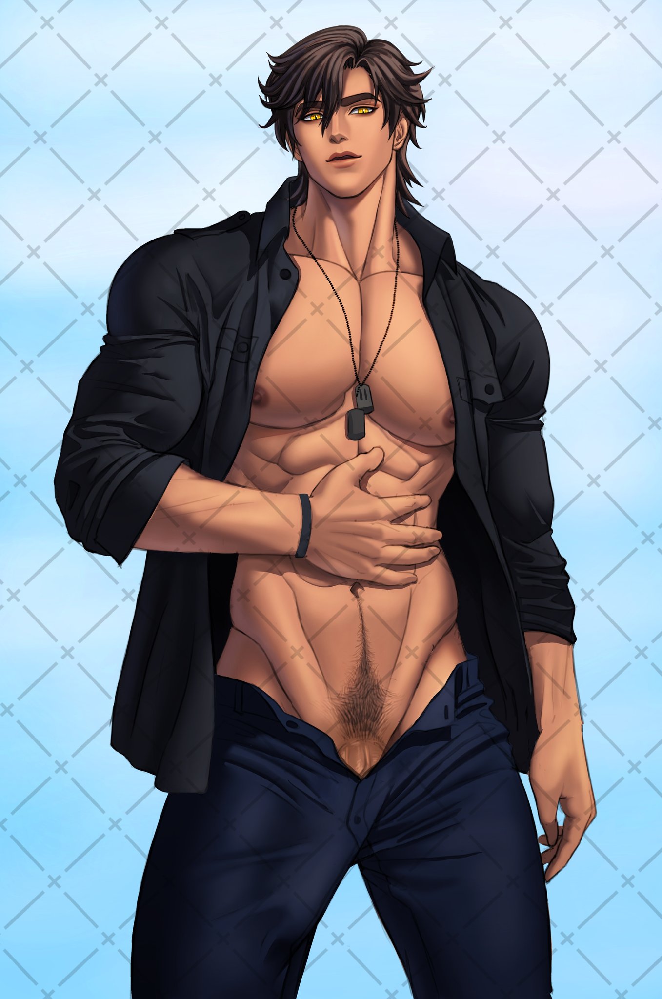 1boy abs brown_hair bulge bulge_down_leg dog_tags erection erection_under_clothes footlongcheese1 hand_on_stomach happy_trail kite_hasegawa looking_at_viewer looking_down looking_down_at_viewer male male_only muscular muscular_arms muscular_chest nipples open_clothes open_pants open_shirt pants pecs penis penis_peek pov pov_eye_contact pubic_hair seductive solo solo_male standing