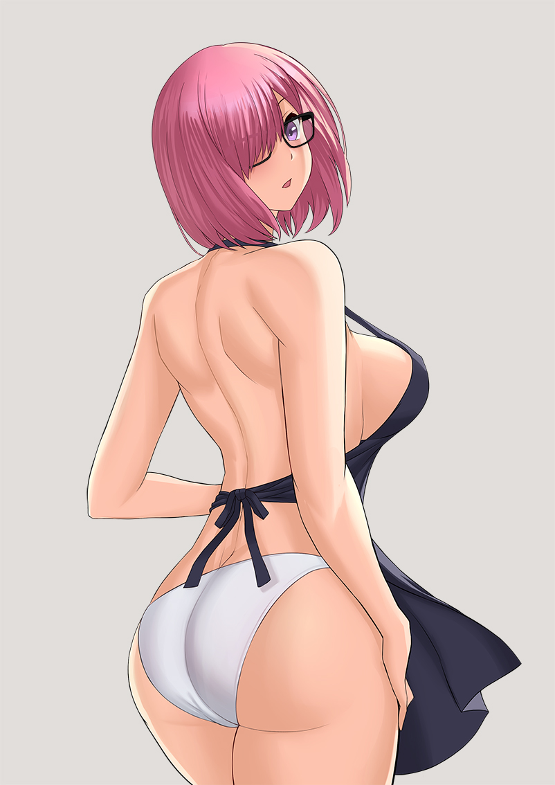 1girls :o aori_sora apron ass big_breasts breasts cleavage fate/grand_order fate_(series) female female_only glasses looking_at_viewer looking_back mash_kyrielight no_bra open_mouth panties pink_hair purple_eyes sideboob solo