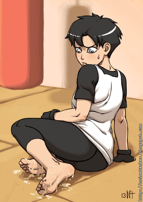 barefoot black_hair blue_eyes blush capri_pants cum cum_between_toes cum_on_body cum_on_lower_body dragon_ball dragon_ball_z feet female female_only fingerless_gloves foot_fetish gloves human noisetanker short_hair soles solo sweatdrop t-shirt teenager toes tomboy videl