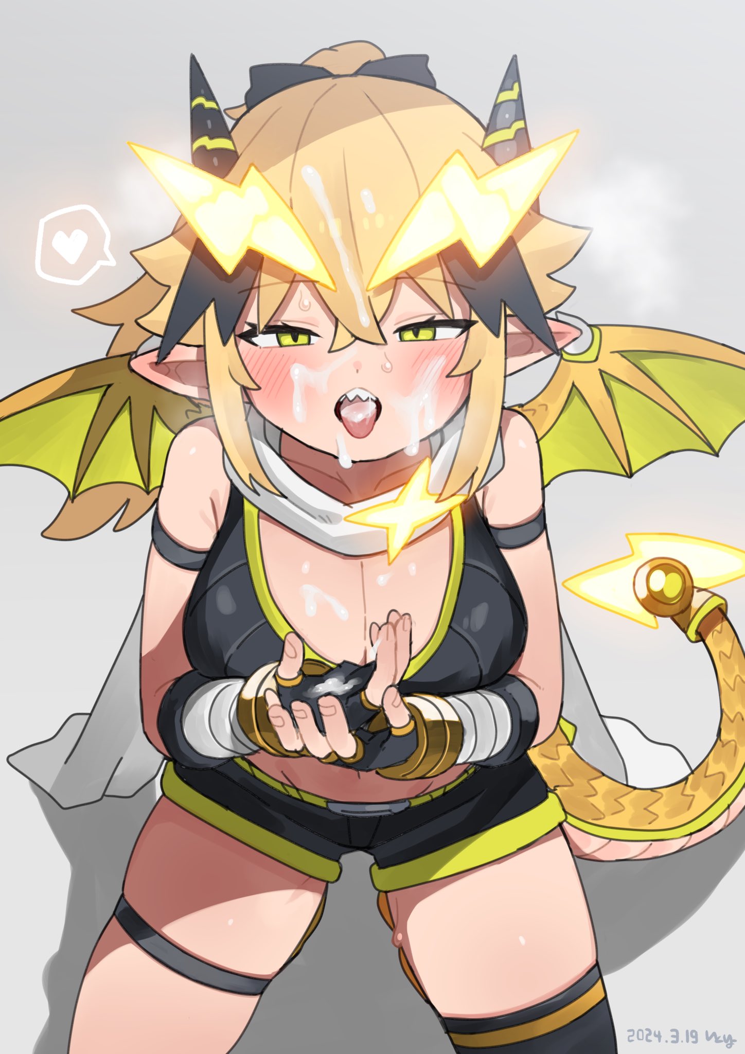 after_fellatio black_gloves black_thighhighs blonde_hair breasts crossed_bangs cum cum_in_mouth cum_on_body cum_on_breasts cum_on_hair cum_on_hands cum_on_tongue dragon_girl dragon_horns dragon_tail dragon_wings facial female fingerless_gloves gloves hair_between_eyes hair_ornament heart highres horns itoriyo kneeling large_breasts lightning_bolt_hair_ornament lightning_bolt_symbol original pointy_ears raisei_no_ryu_tsukai san-chan scarf sharp_teeth short_shorts shorts simple_background single_thighhigh spoken_heart sports_bra tail teeth thighhighs tongue tongue_out white_background wings yellow_eyes