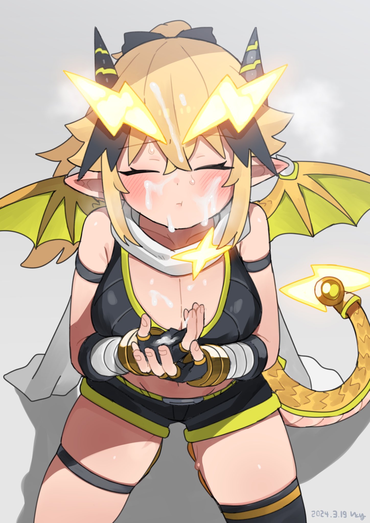 after_fellatio black_gloves black_thighhighs blonde_hair breasts closed_eyes crossed_bangs cum cum_on_body cum_on_breasts cum_on_hair cum_on_hands dragon_girl dragon_horns dragon_tail dragon_wings facial female fingerless_gloves gloves hair_between_eyes hair_ornament highres horns itoriyo kneeling large_breasts lightning_bolt_hair_ornament lightning_bolt_symbol original pointy_ears raisei_no_ryu_tsukai san-chan scarf short_shorts shorts simple_background single_thighhigh sports_bra tail thighhighs white_background wings