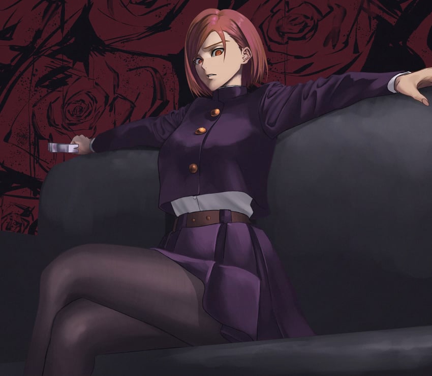 1girls arms_spread assertive_female breasts confident_female disdain disgust disgusted disgusted_look dominant_female female female_only femdom from_below ginger_hair human jujutsu_kaisen kugisaki_nobara legs_crossed looking_down_at_viewer nylons pantyhose school_uniform sitting_on_chair sitting_on_counter skirt slim_waist solo