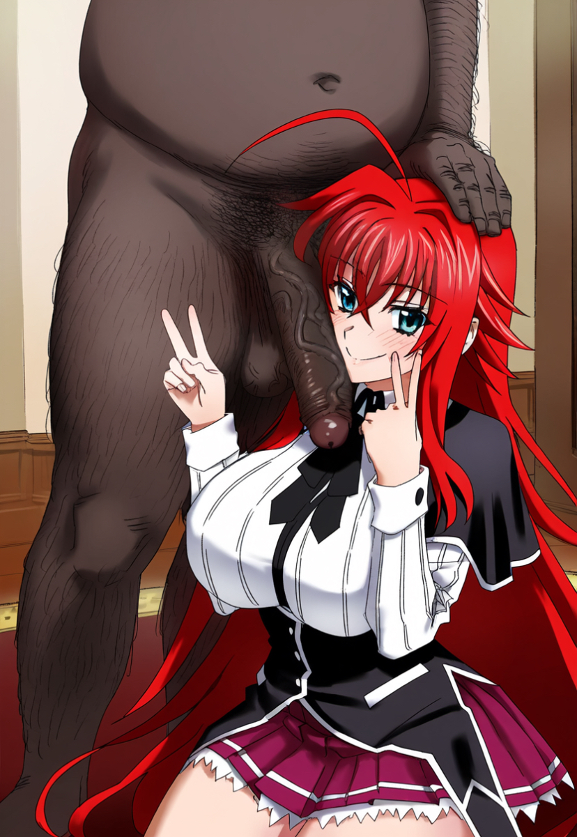 1boy 1boy1girl 1girl ai_generated blue_eyes cheating cheating_girlfriend dark-skinned_male fat_man female girthy_penis high_school_dxd highschool_dxd interracial large_breasts large_penis male_pubic_hair netorare peace_sign pose red_hair rias_gremory sagging_balls sagging_testicles school_uniform straight testicles waroffree