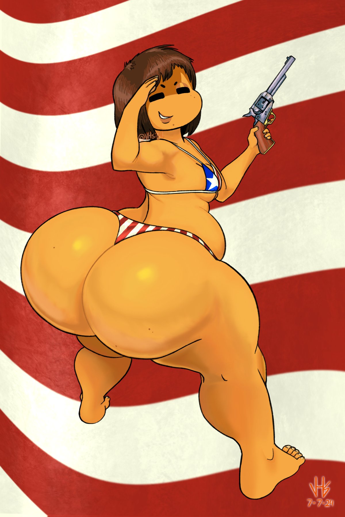 1boy 4th_of_july american_flag american_flag_bikini androgynous ass big_ass big_butt bikini black_eyes bottom_heavy brown_hair butt clothing fat_ass fat_butt femboy firearm frisk giant_ass gigantic_ass gun handgun huge_ass huge_butt human looking_at_viewer looking_back looking_back_at_viewer male male_only revolver salute solo swimwear thick_ass thick_butt toby_fox undertale vhsigil weapon yellow_skin