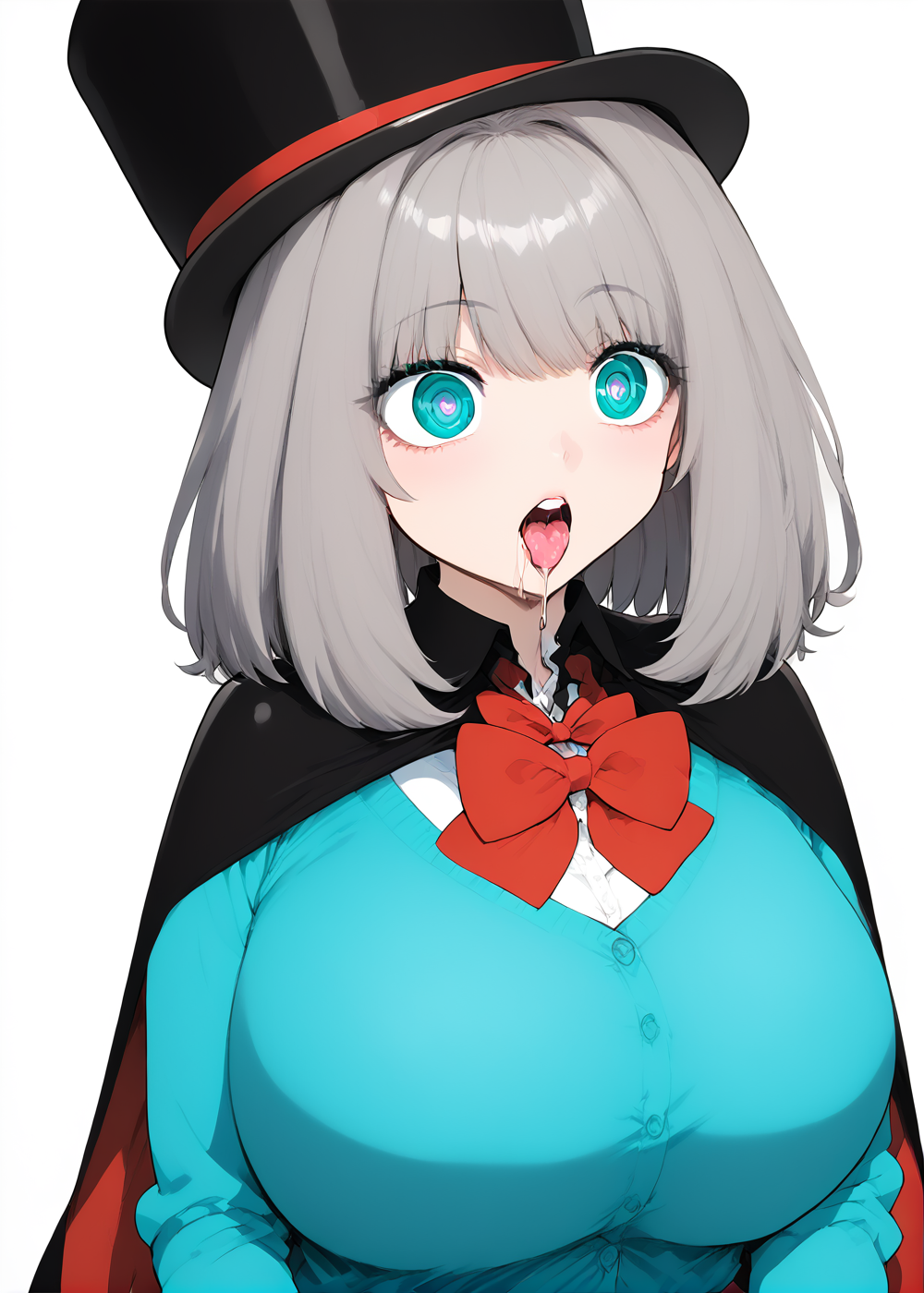 ai_generated big_breasts blue_cardigan breasts cape clothed drool drooling gigantic_breasts girl hi_res high_resolution highres hollowbeak huge_breasts hypnosis hypnosis hypnotic_eyes looking_at_viewer no_sex open_mouth saliva saliva_drip silver_hair tejina_senpai tejina_senpai_(character) tejina_senpai_(series) tongue tongue_out top_hat white_shirt