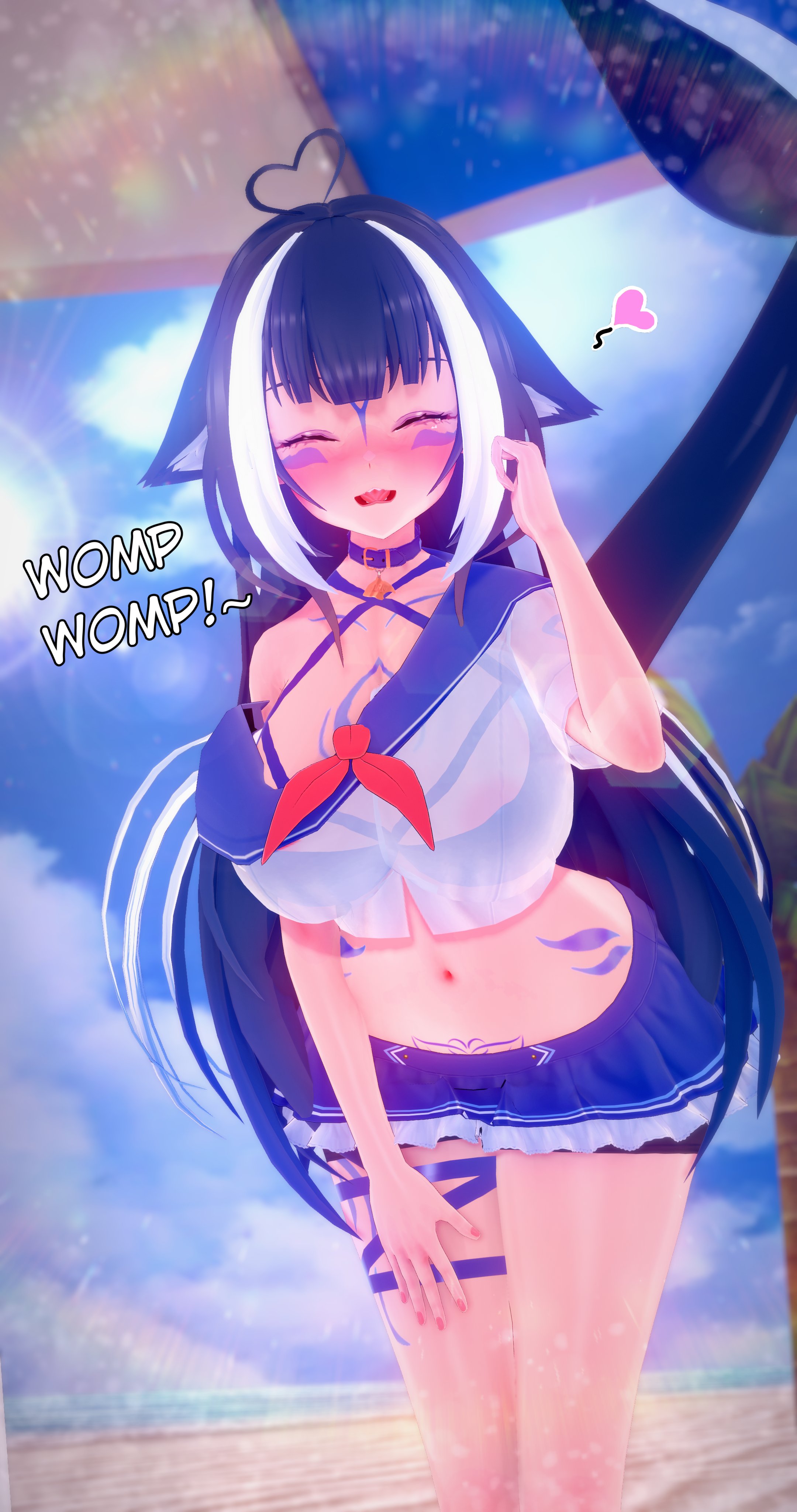 1girls, 3d, ahoge, areola slip, areolae, beach, big breasts, blue hair, blush, body markings, breasts, clothed female, dark hair, deluxe rosie, dialogue, female, female only, happy, heart, heart ahoge, indie virtual youtuber, large breasts, leaning forward, light skin, light-skinned female, long hair, miniskirt, multicolored hair, ocean, open mouth, orca girl, orca tail, outdoors, pubic tattoo, ribbon, sand, see-through, see-through clothing, shylily, skirt, smile, solo, solo female, straps, swimsuit, tattoo, tongue, virtual youtuber, white hair