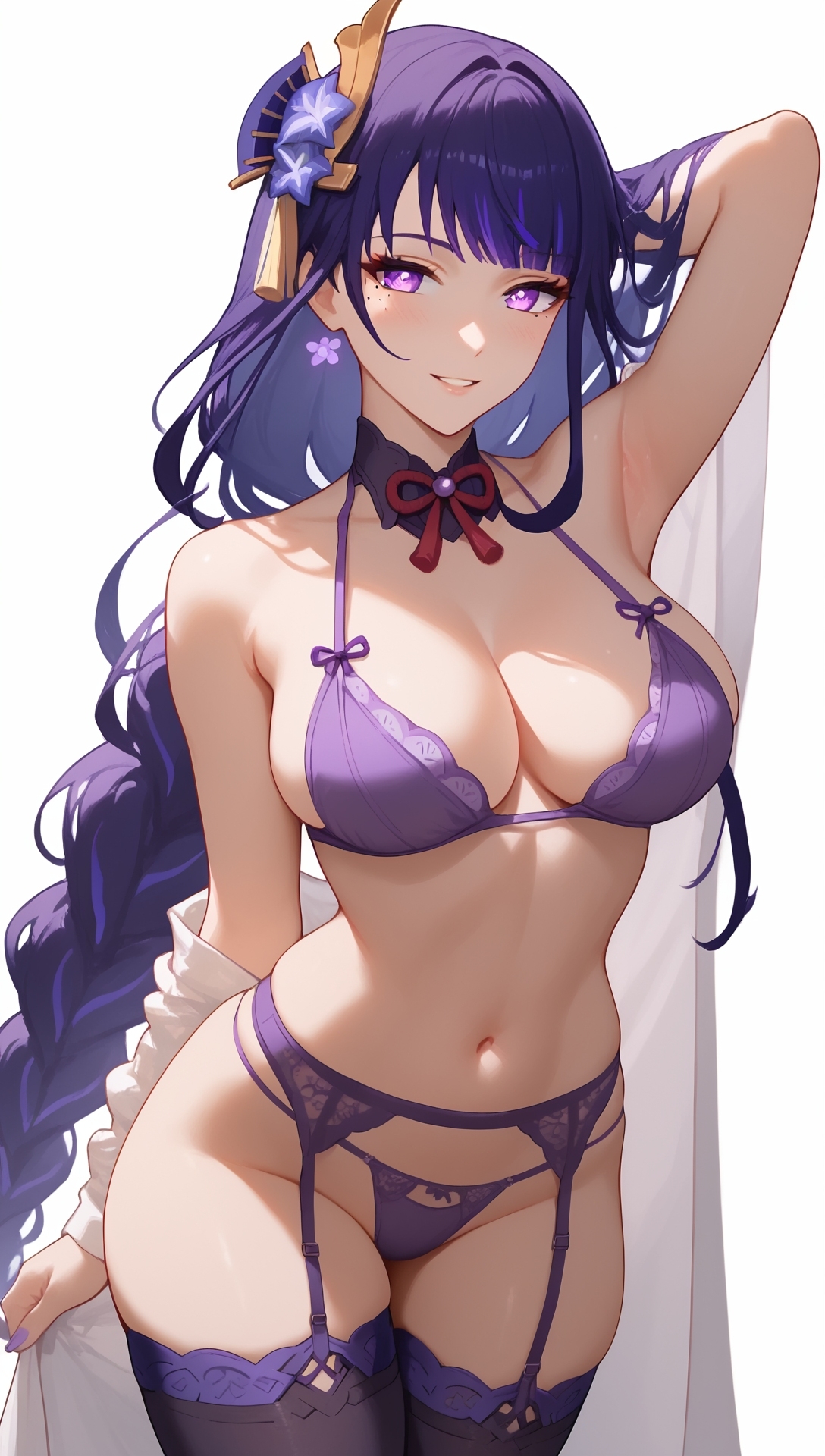 ai generated, breasts, female, genshin impact, purple hair, raiden shogun, stockings, swimsuit