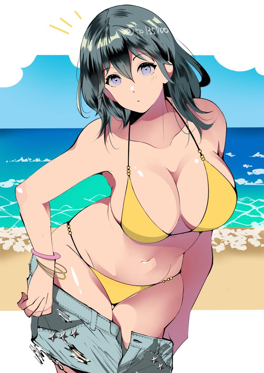 1girls alternate_costume armpits bare_arms bare_midriff bare_shoulders bare_thighs beach bikini blue_eyes breasts byleth_(fire_emblem) byleth_(fire_emblem)_(female) caught cleavage collarbone fe135700 female female_only fire_emblem fire_emblem:_three_houses hair_between_eyes large_breasts long_hair looking_at_viewer midriff nintendo ocean outdoors sand shorts shoulders sideboob solo swimsuit teal_hair thighs undressing yellow_bikini yellow_swimsuit