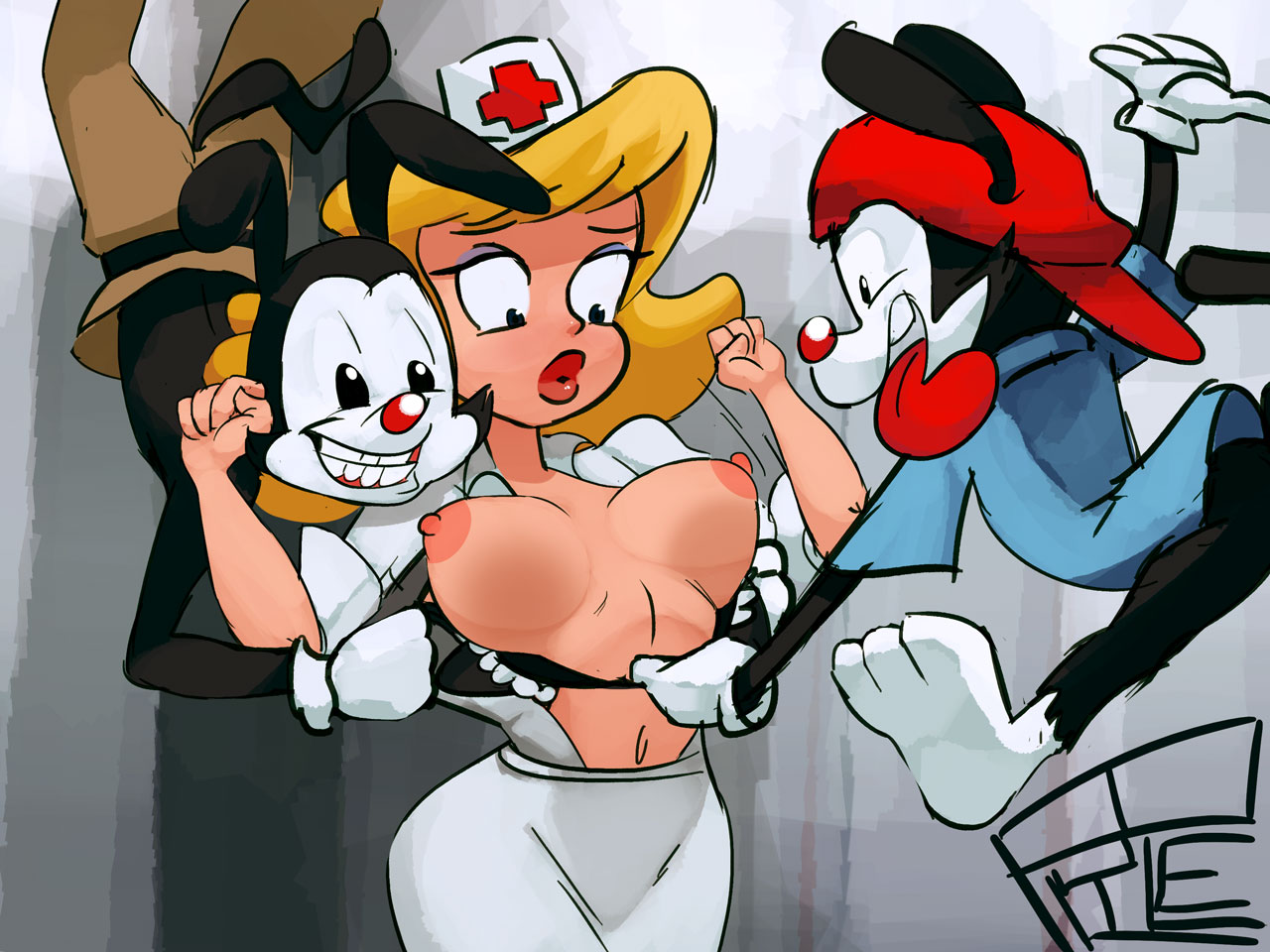 2boys, animaniacs, bestiality, black fur, blonde, blonde hair, bra pull, breasts, breasts out, female, furry, grope, hello nurse, human, male, nurse, nurse uniform, rape, tongue, tongue out, uniform, wakko warner, warner brothers, yakko warner