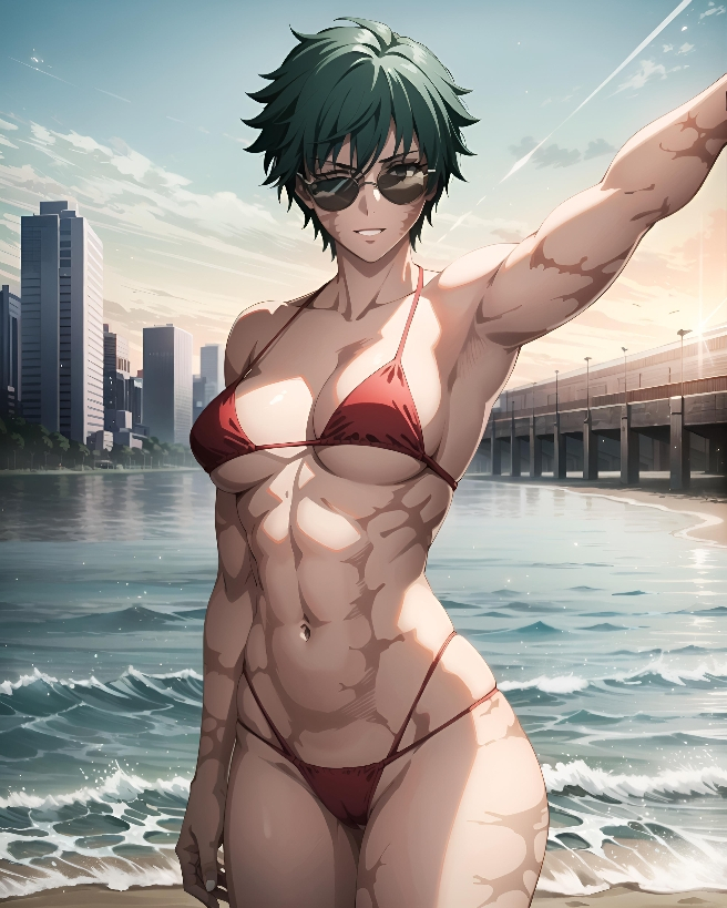 abs ai_generated armpit armpits athletic_female beach big_breasts dark_hair fit_female jujutsu_kaisen muscular_female short_hair_female slim_waist smiling smirking strong_woman sunglasses tomboy wide_hips zenin_maki